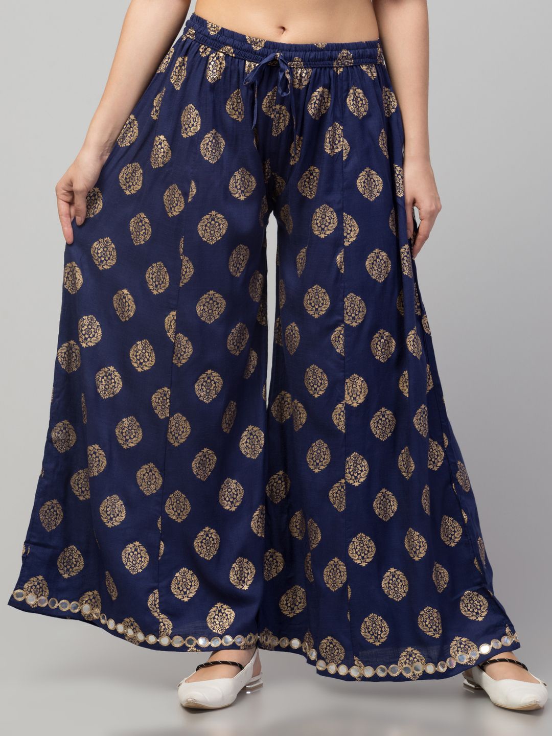 

FAMBEE Women Ethnic Motifs Printed Flared Knitted Palazzos, Navy blue