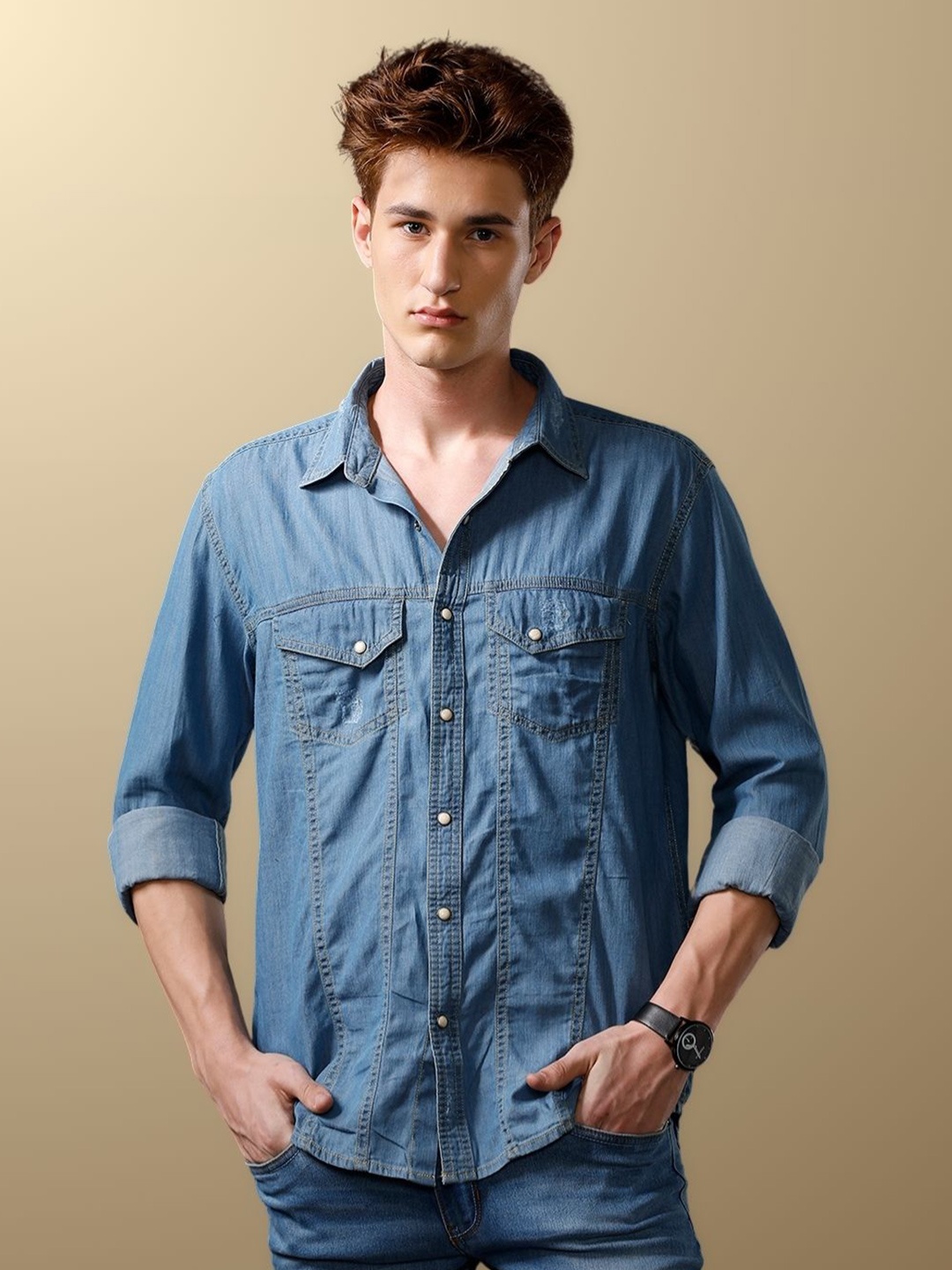

TEMPLE OF DENIM Men India Slim Spread Collar Solid Denim Casual Shirt, Blue