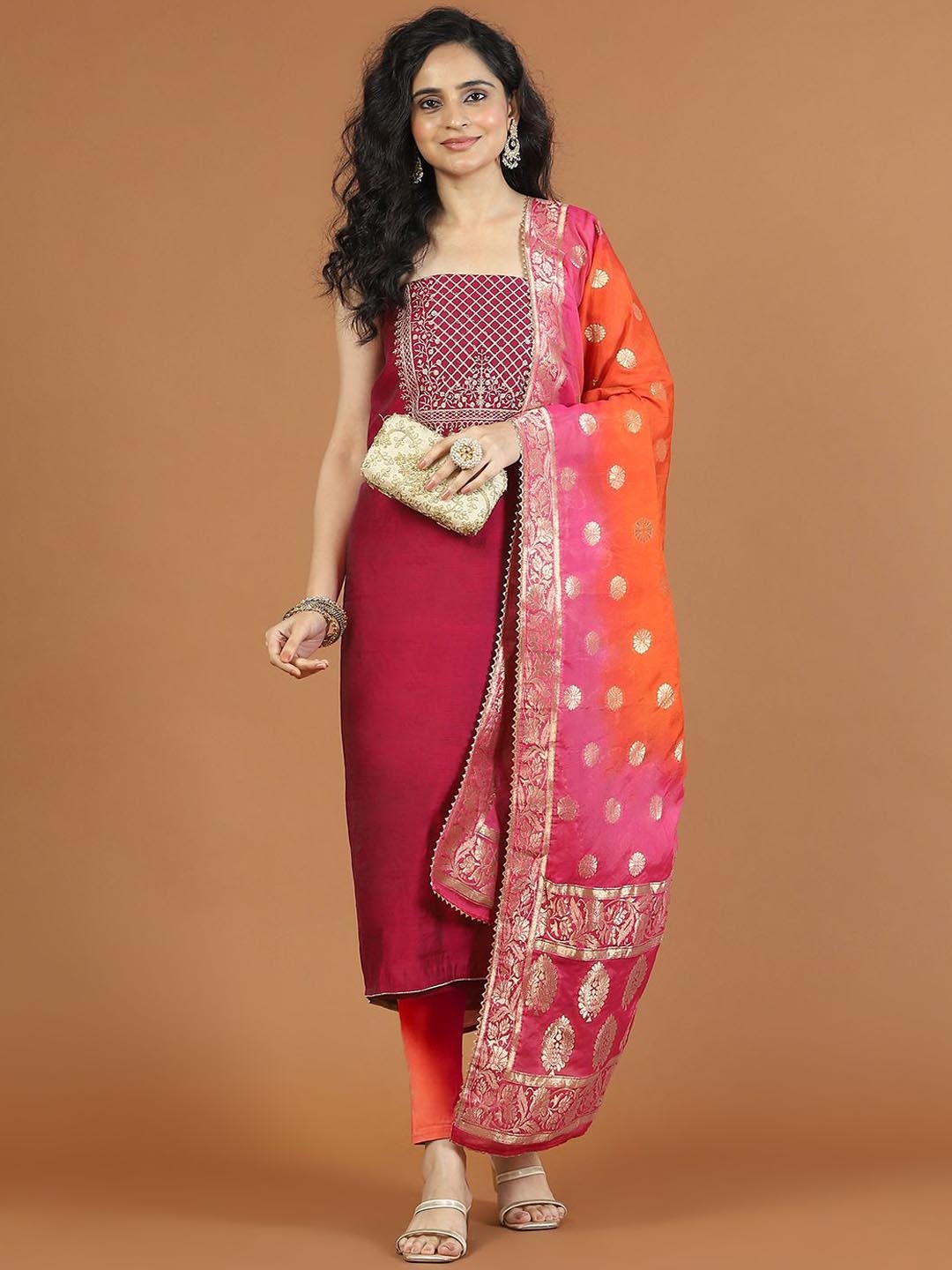 

Meena Bazaar Embroidered Art Silk Unstitched Dress Material, Magenta