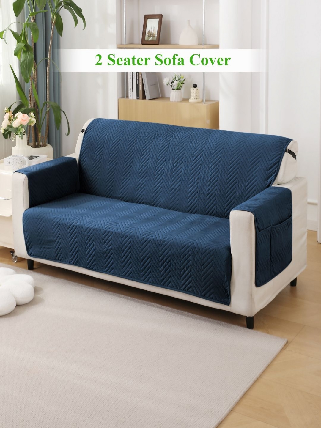

HOKIPO Navy Blue Self Design 2 Seater Sofa Cover With Arms