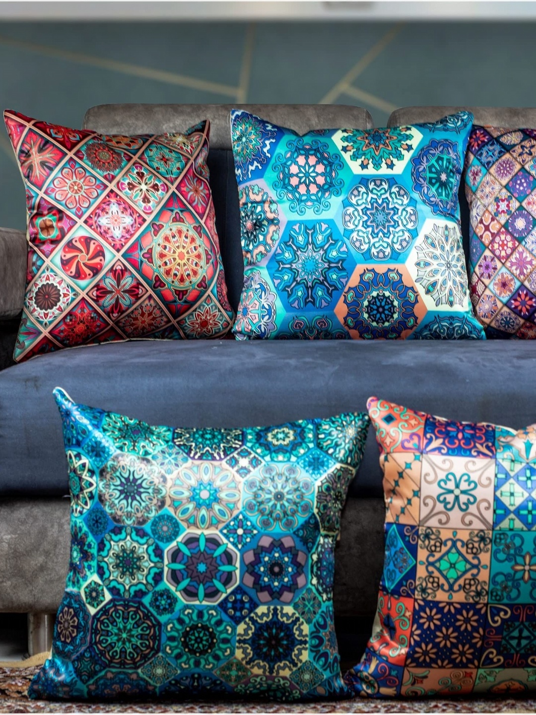 

Vendola White & Blue 5 Pieces Ethnic Motifs Printed Satin Square Cushion Covers