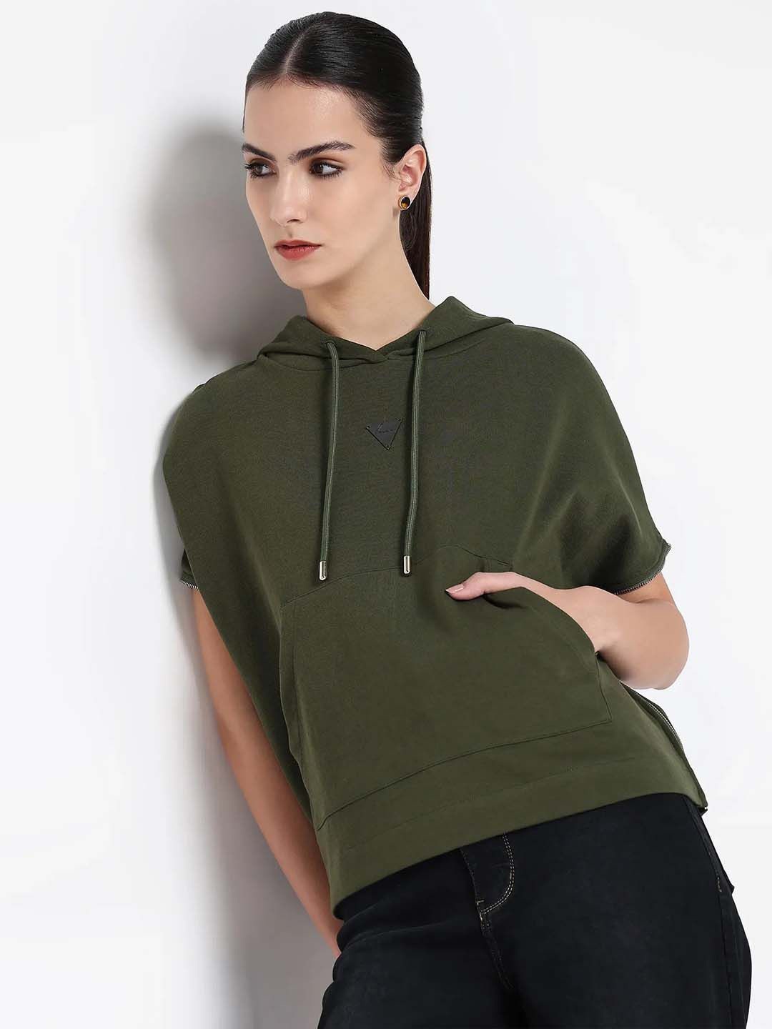 

RAREISM Women Solid Hood Cotton Pullover Sweatshirt, Olive