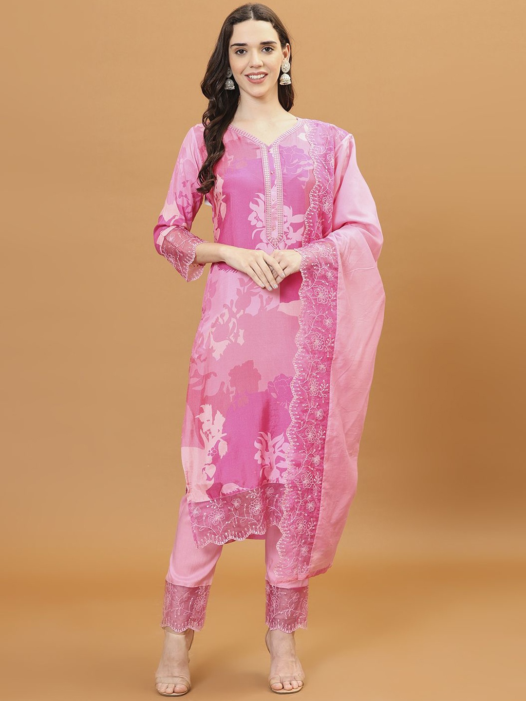 

Meena Bazaar Floral Printed Sequinned Straight Kurta With Trousers & Dupatta, Pink
