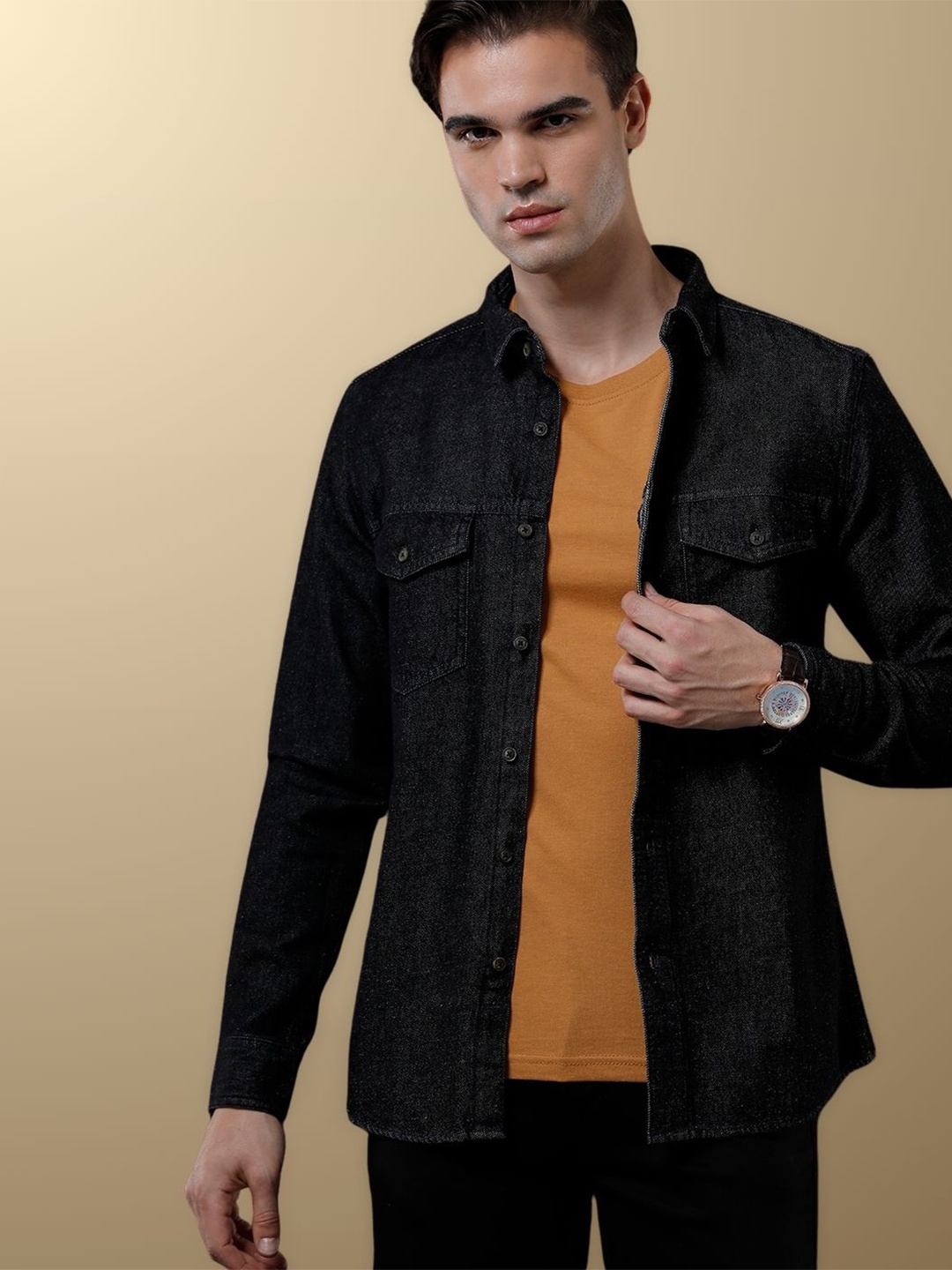 

TEMPLE OF DENIM Men India Slim Spread Collar Solid Denim Casual Shirt, Black