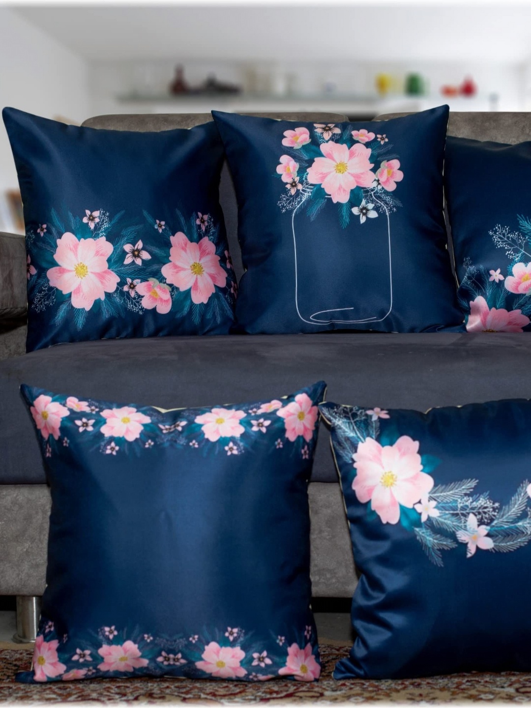 

Vendola Blue & Pink 5 Pieces Floral Square Cushion Covers