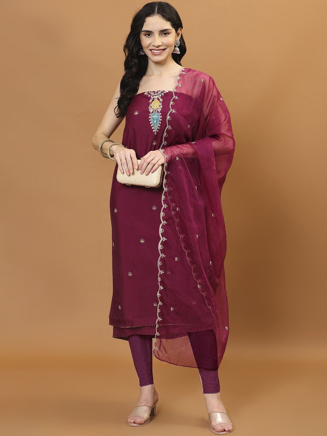 

Meena Bazaar Embroidered Art Silk Unstitched Dress Material, Burgundy
