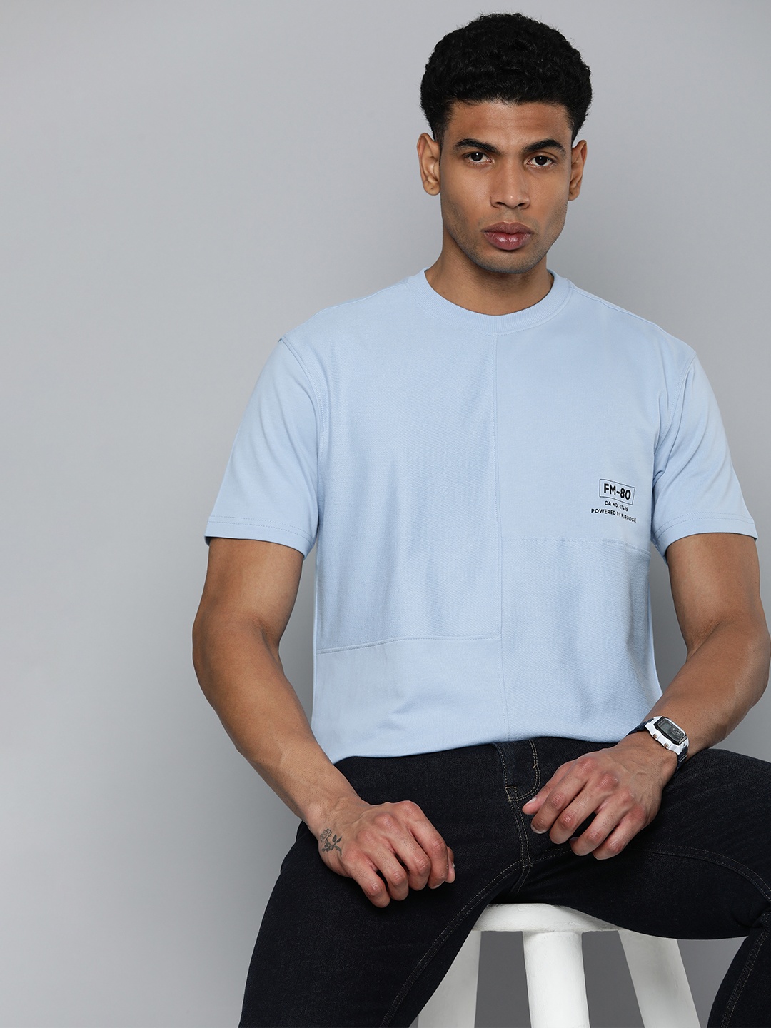 

Flying Machine Drop-Shoulder Sleeves Pure Cotton Oversized T-shirt, Blue