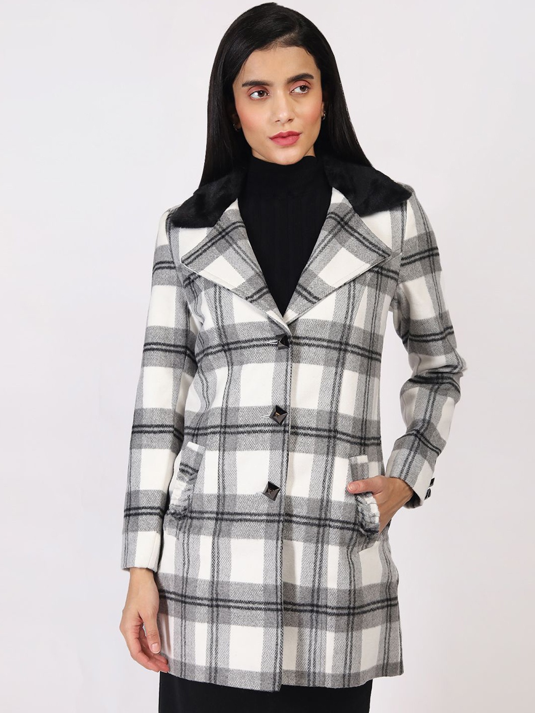 

HONNETE Women Checked Single-Breasted Winter Coats, White