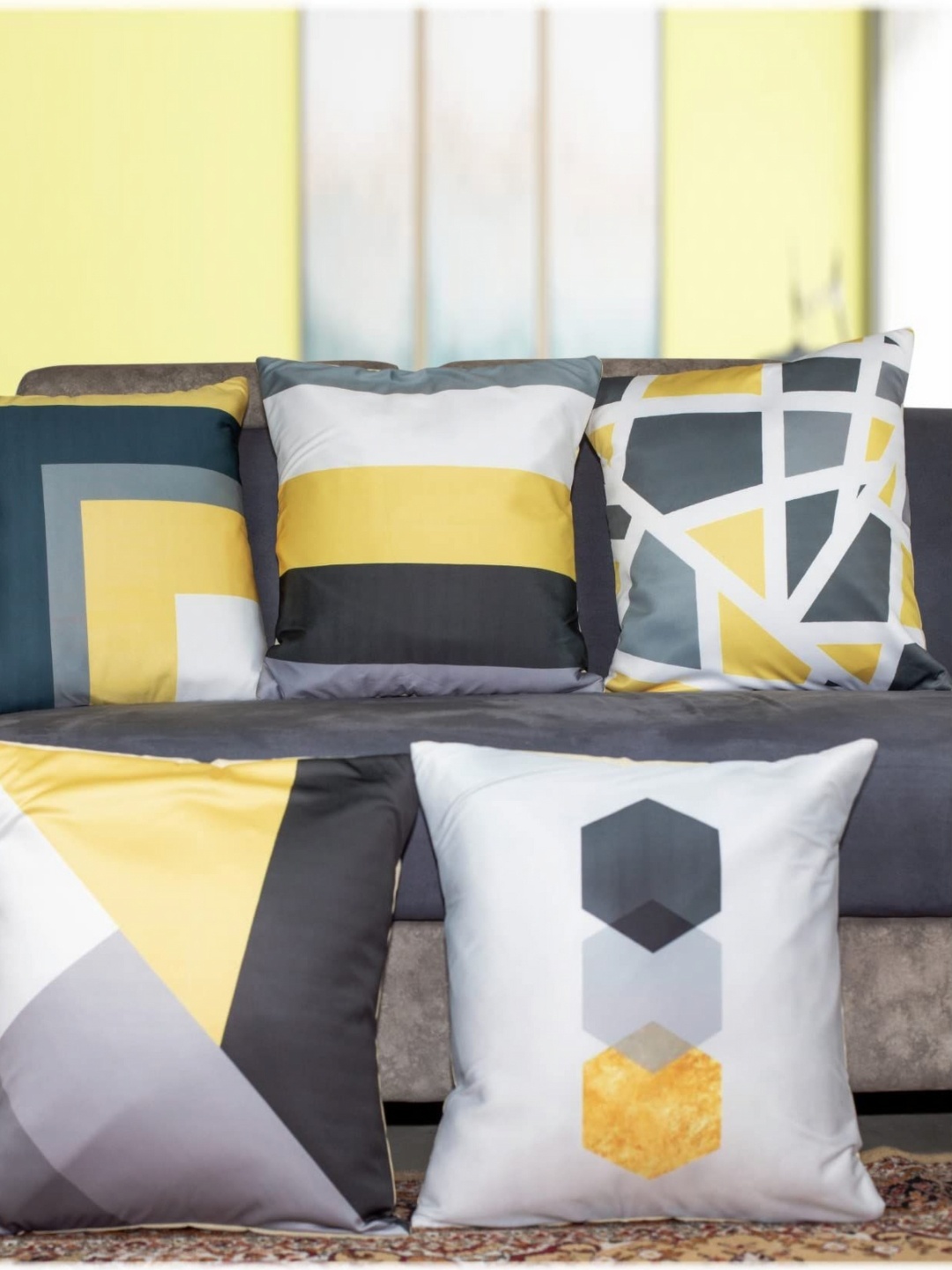 

Vendola White & Yellow 5 Pieces Geometric Printed Satin Square Cushion Covers
