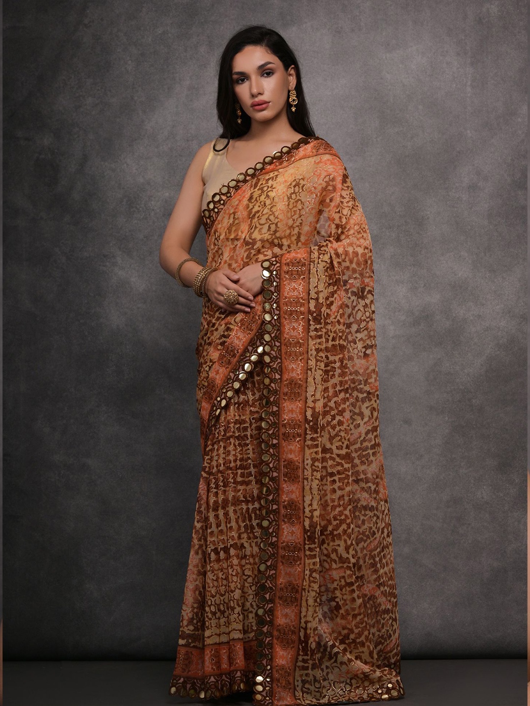 

Mitera Printed Mirror Work Saree, Orange