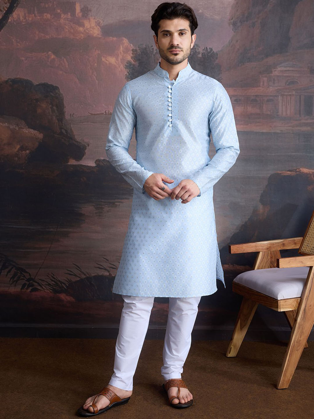 

House of Pataudi Woven Design Ethnic Motifs Straight Kurta, Blue