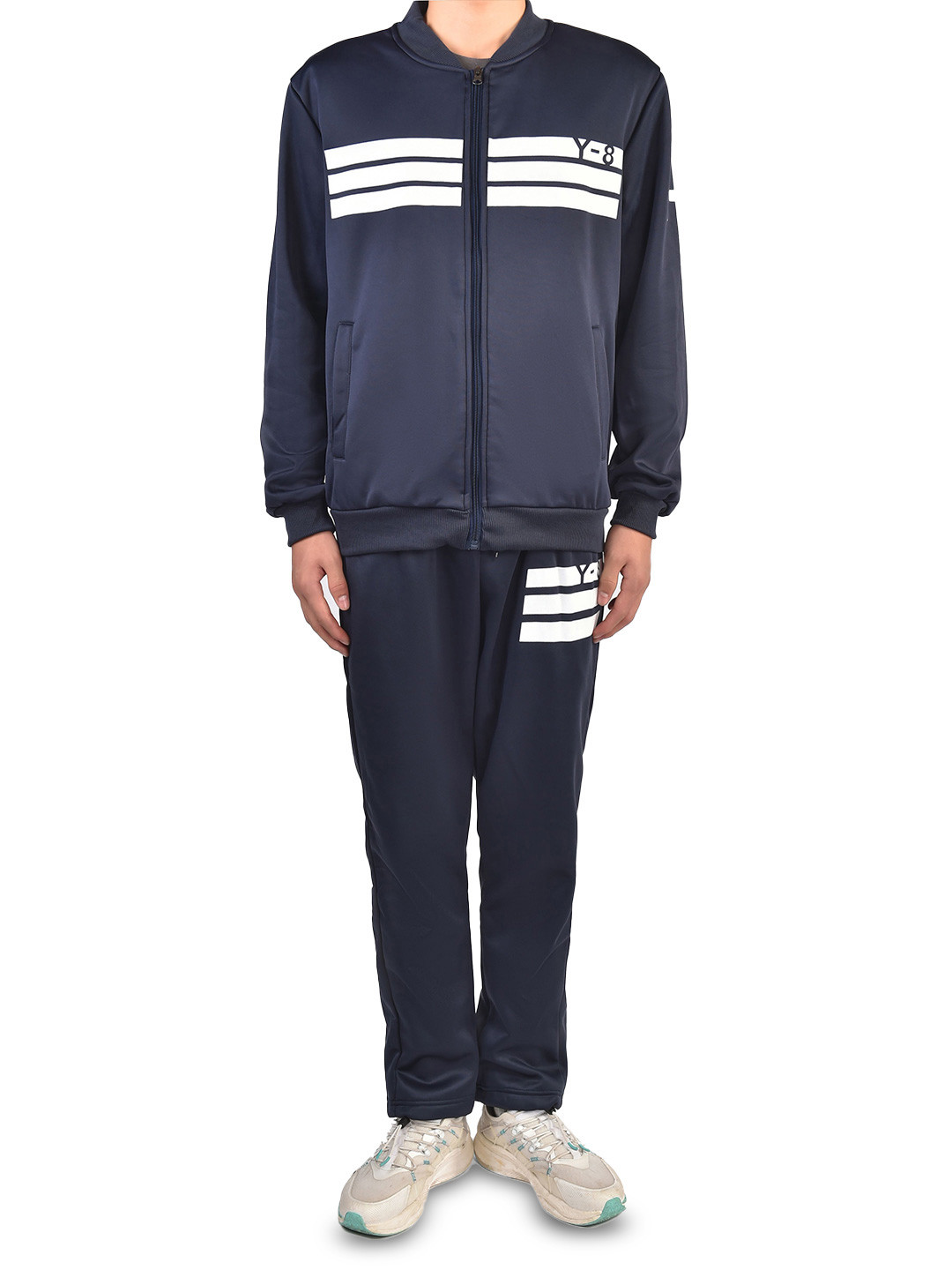 

StyleCast x Revolte Striped Printed Round Neck Jacket and Trouser Tracksuits, Navy blue