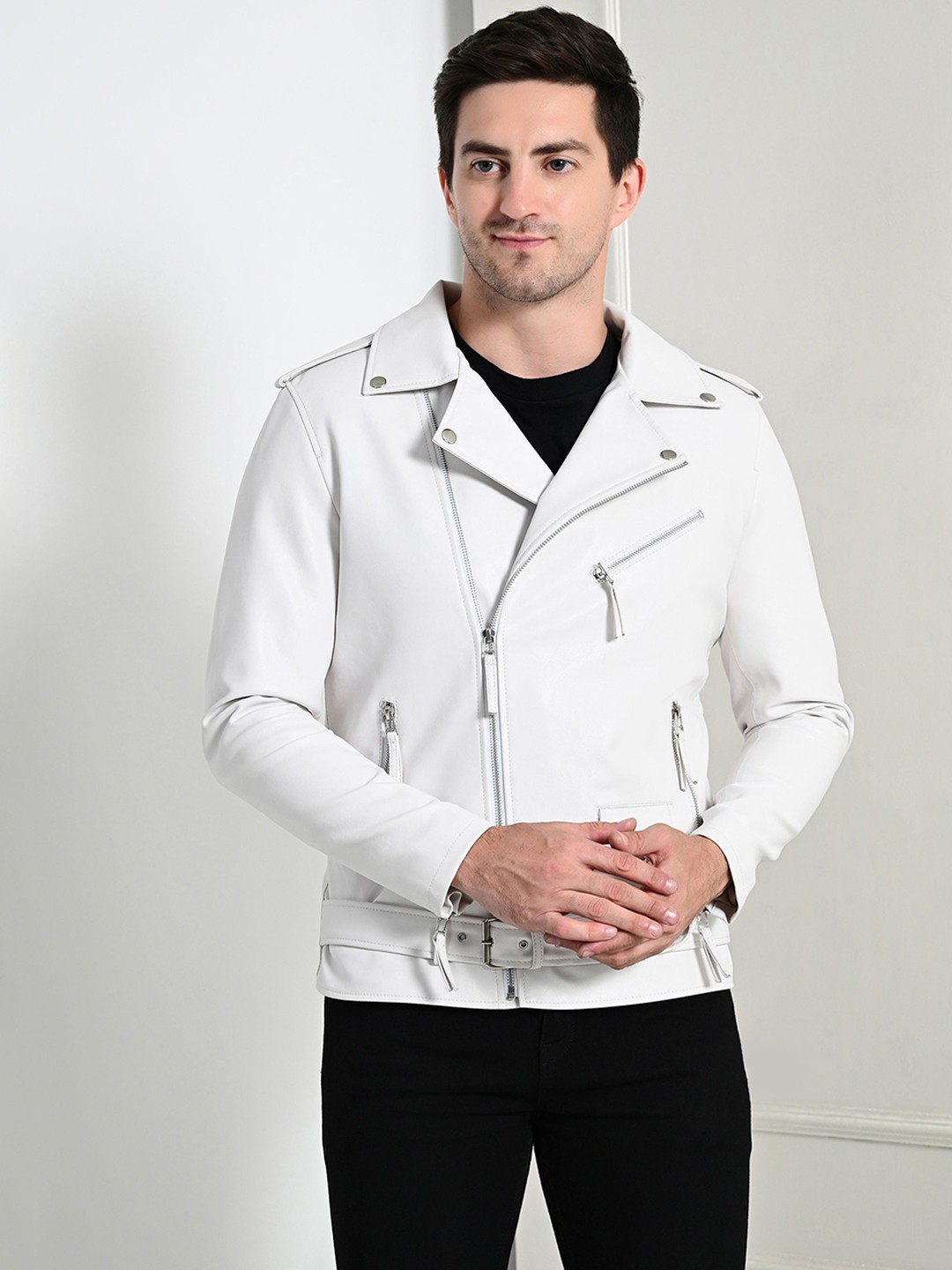 

TBOJ Men Lightweight Biker Jacket with Patchwork, White