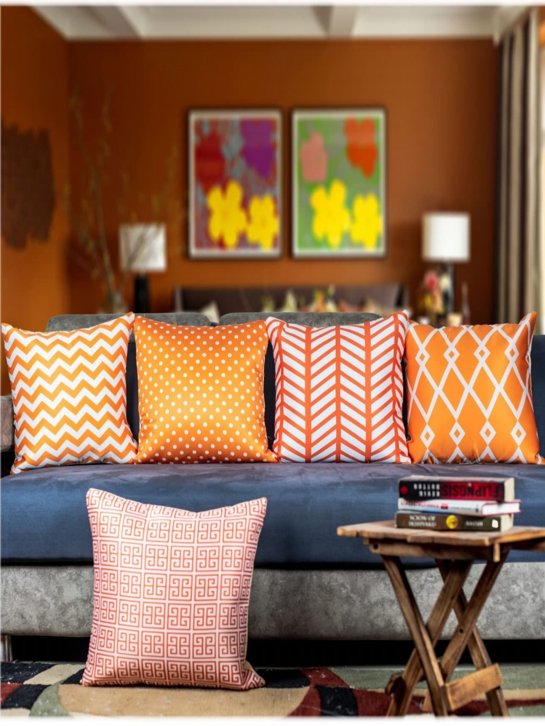

Vendola Orange & White 5 Pieces Geometric Printed Satin Square Cushion Covers