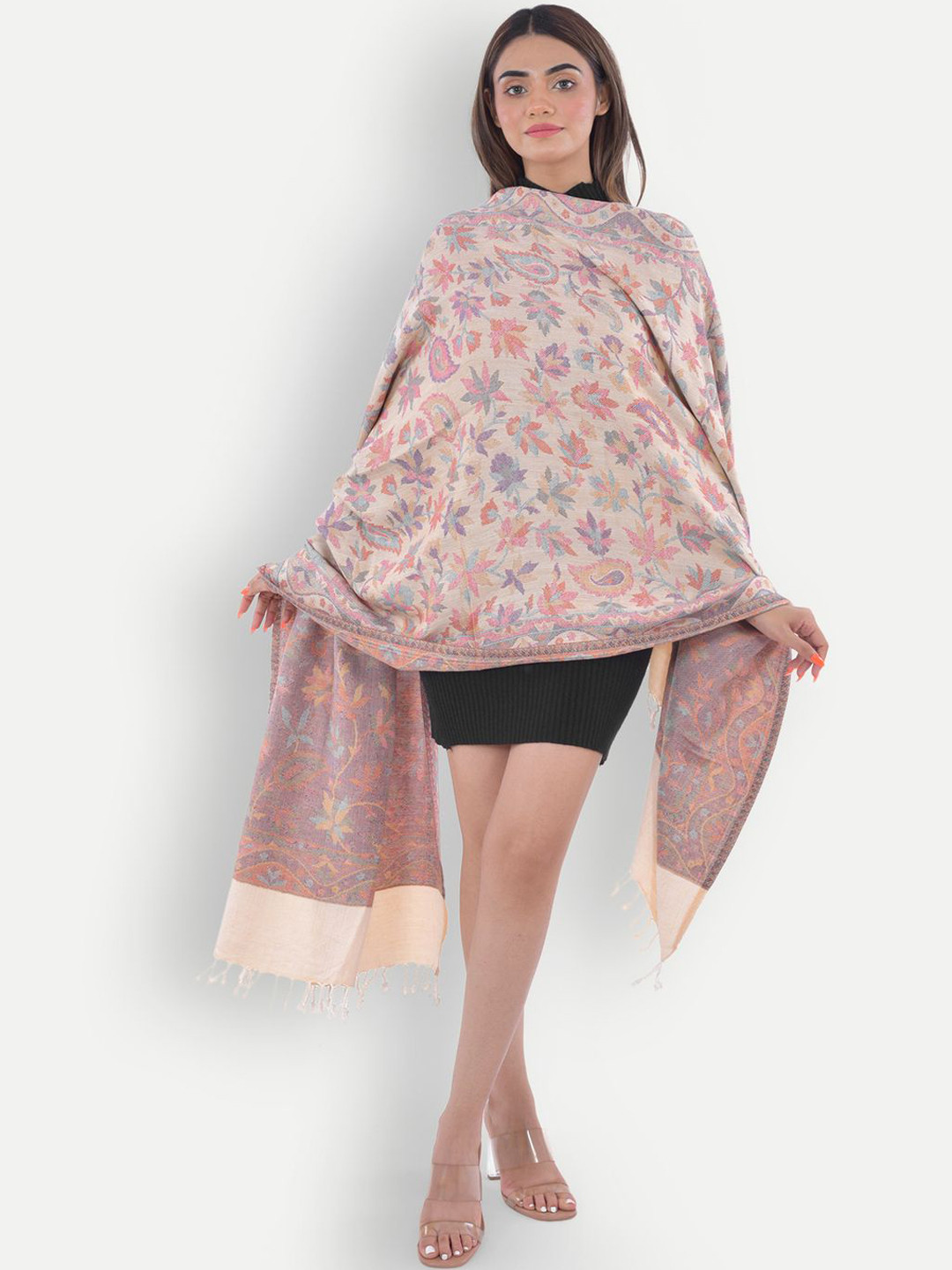 

BAISA Women Ethnic Motifs Woven Design Shawl, Beige