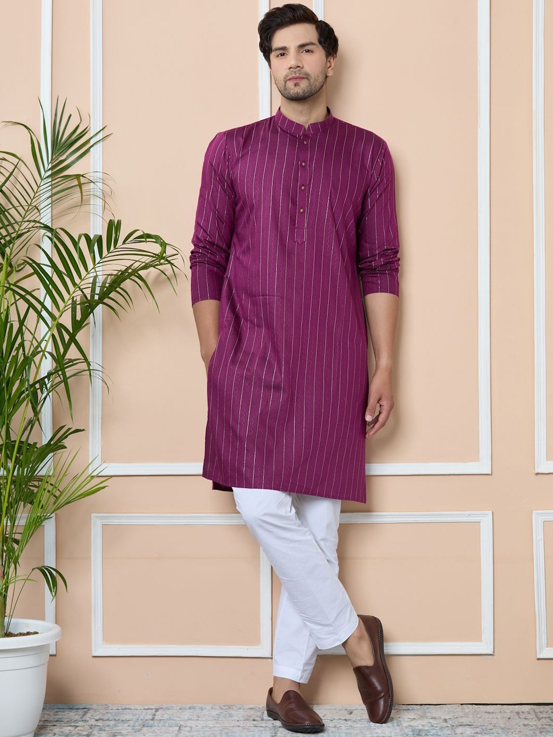 

See Designs Men Striped Thread Work Kurta, Purple
