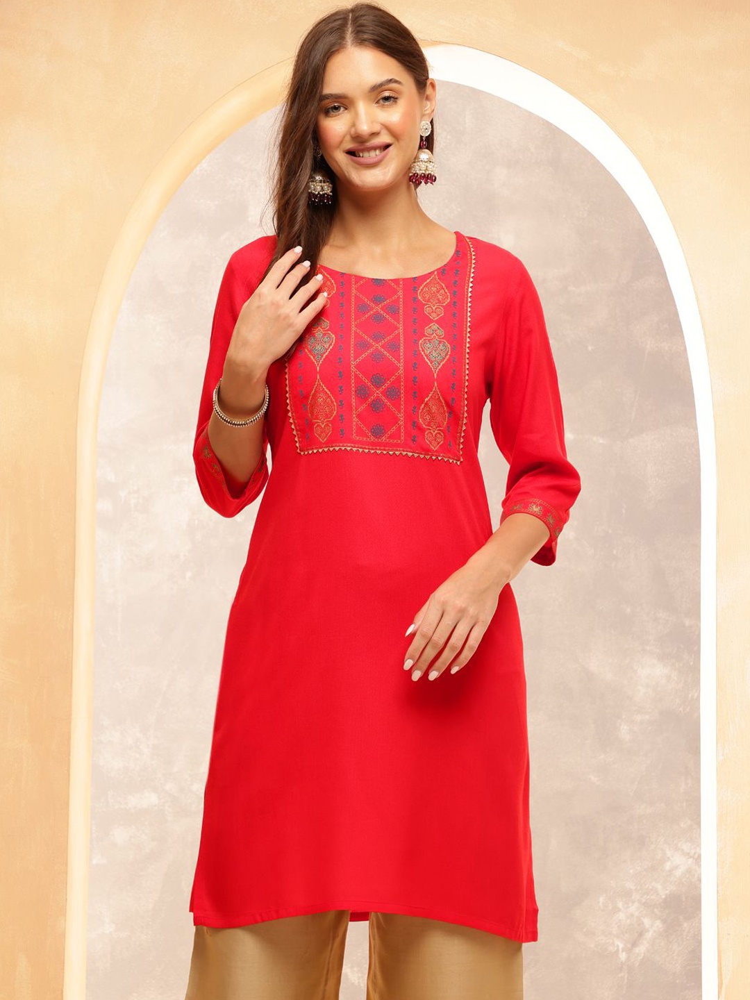 

Anouk Rustic Ethnic Motifs Printed Round Neck Three-Quarter Sleeves Viscose Rayon Kurta, Red