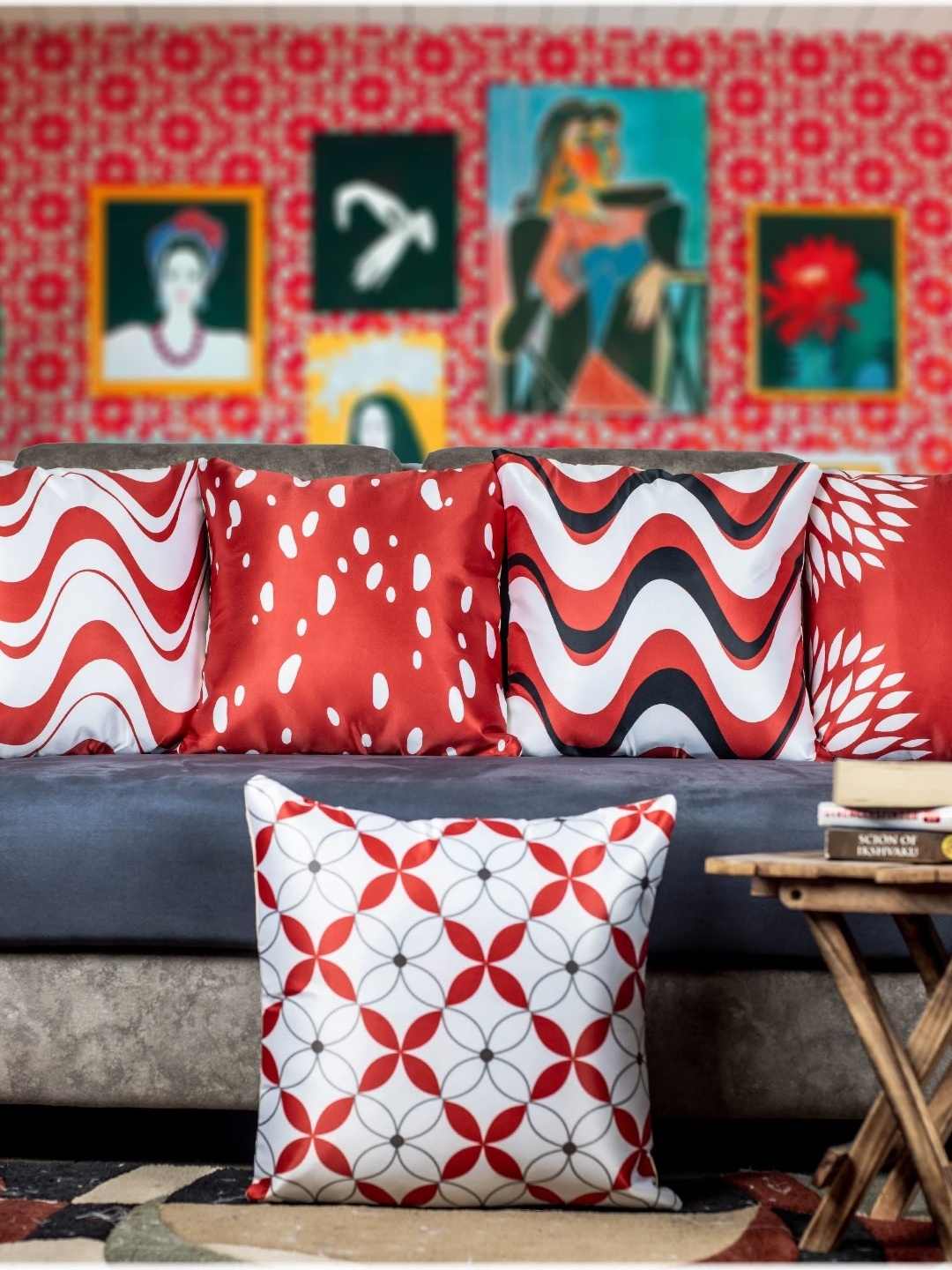

Vendola Red & Black 5 Pieces Geometric Printed Satin Square Cushion Covers