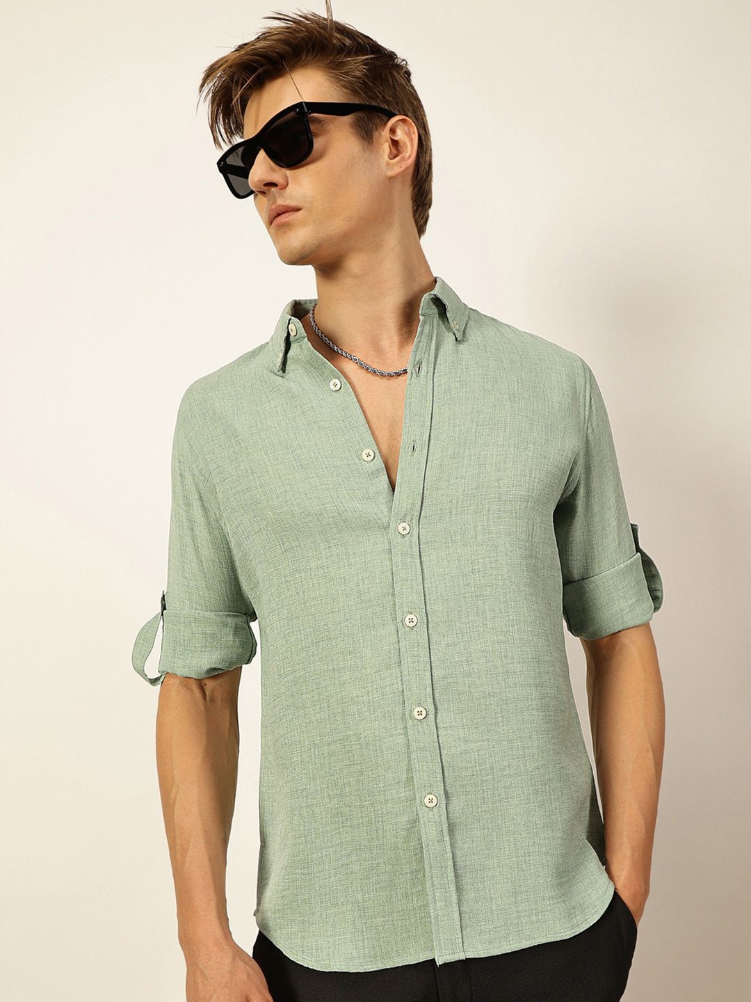 

Thomas Scott Men Premium Button-Down Collar Solid Linen Casual Shirt, Green