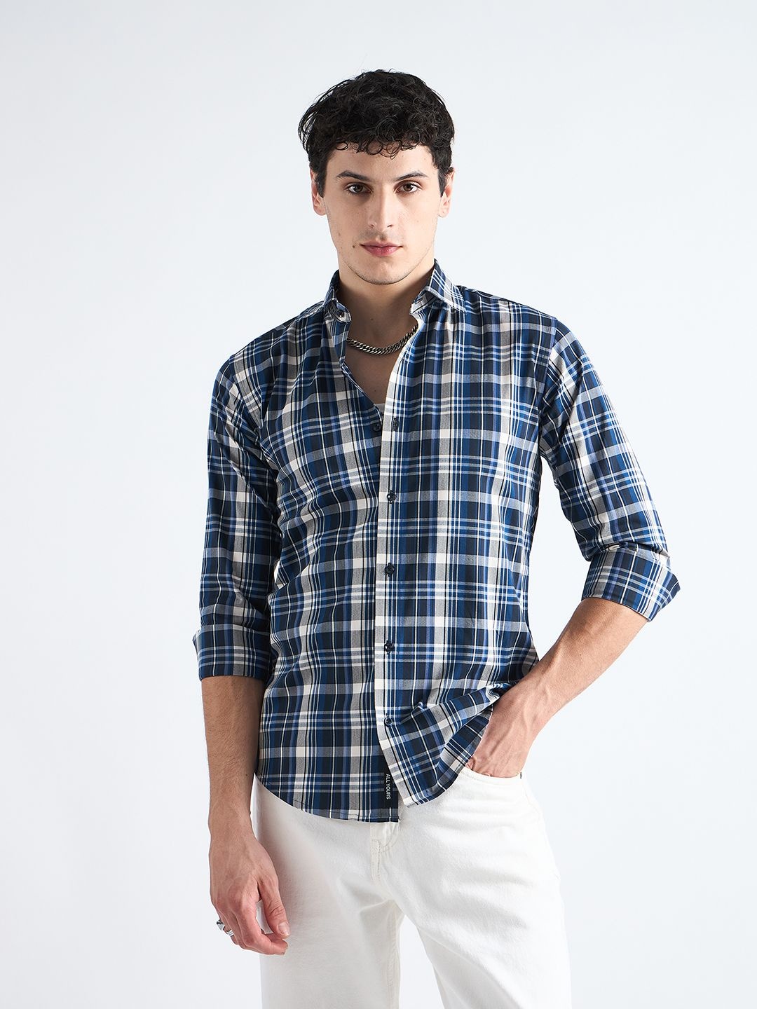 

all yours Men Classic Slim Fit Tartan Checks Opaque Checked Formal Shirt, Blue