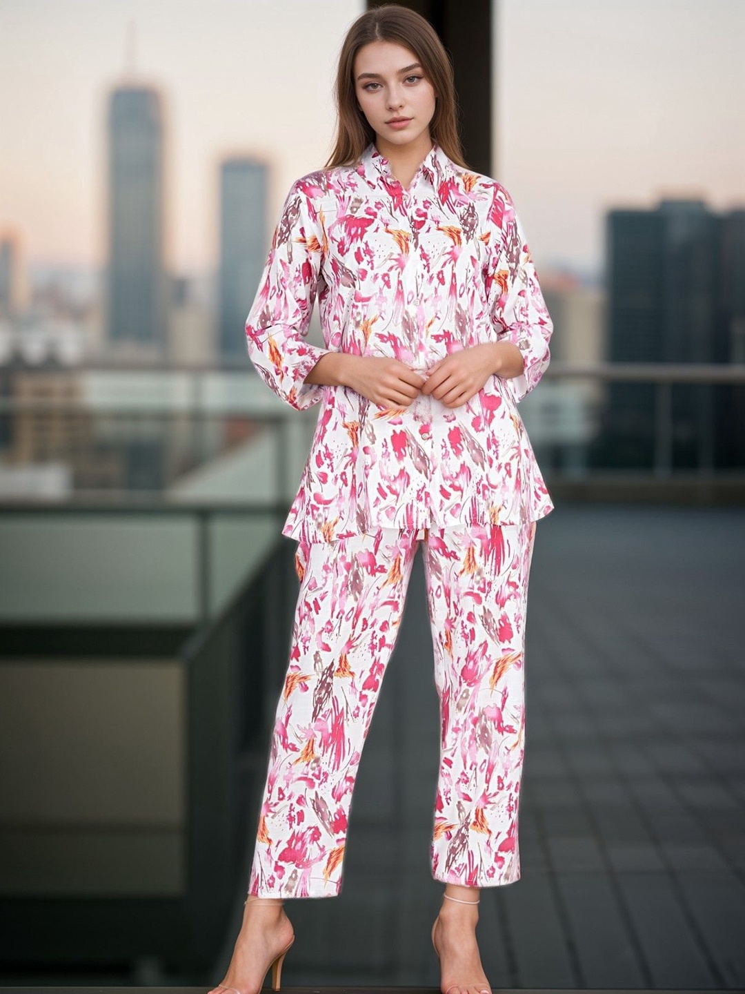 

BAESD Printed Shirt With Trouser Co -Ords, Pink