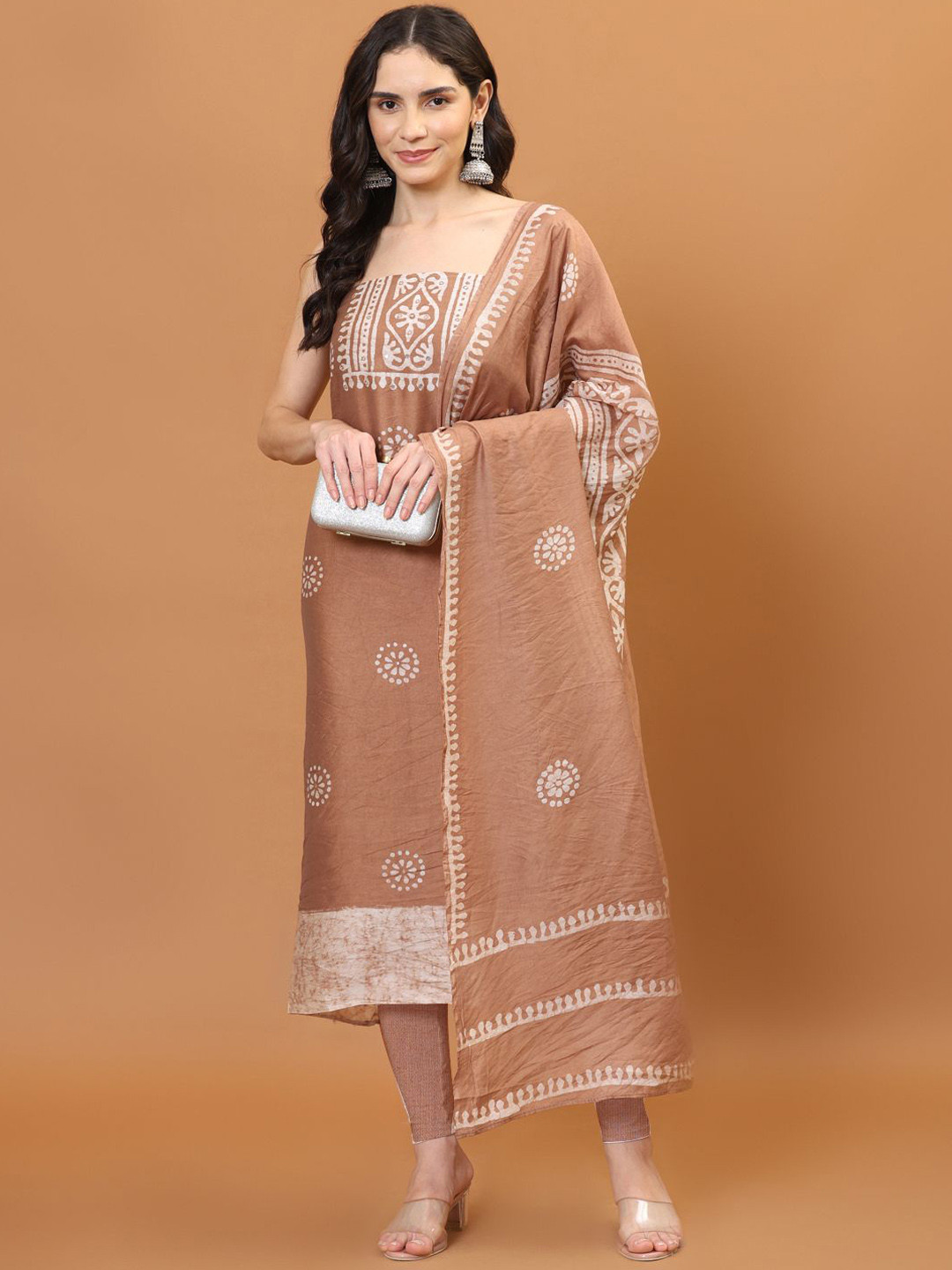 

Meena Bazaar Printed Art Silk Unstitched Dress Material, Beige