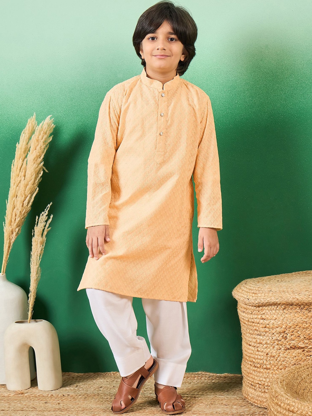 

Sangria Boys Chikankari Embroidered Cotton Kuta With Patiala, Beige