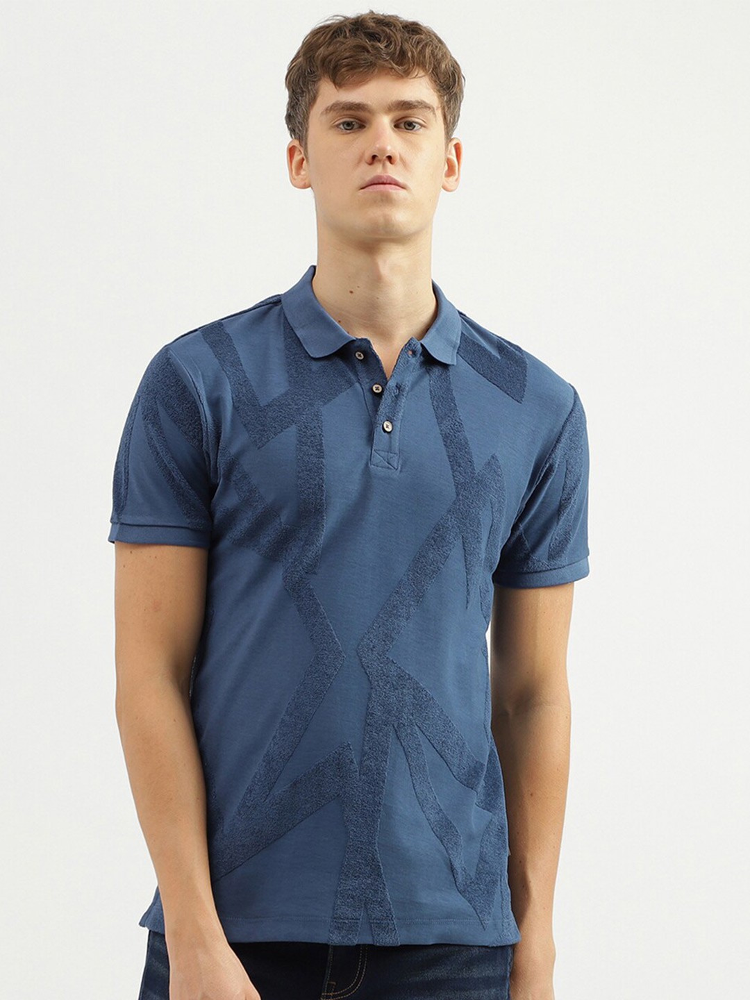 

United Colors of Benetton Self Design Polo Collar Cotton Regular T-shirt, Blue