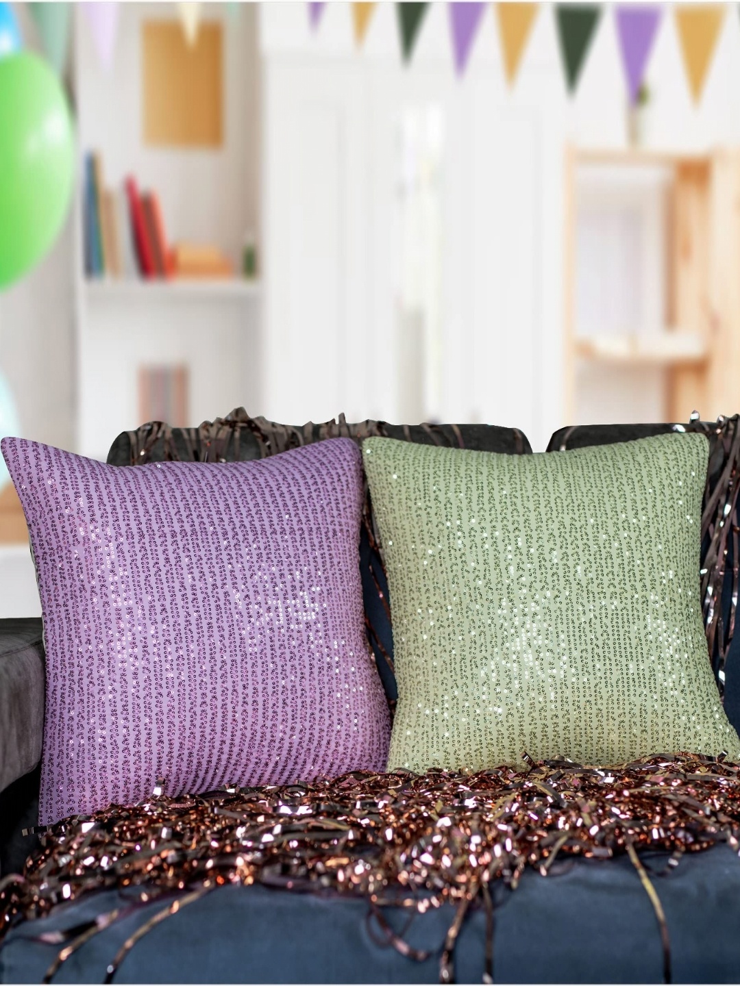 

Vendola Purple & Green 2 Pieces Embellished Square Cushion Covers