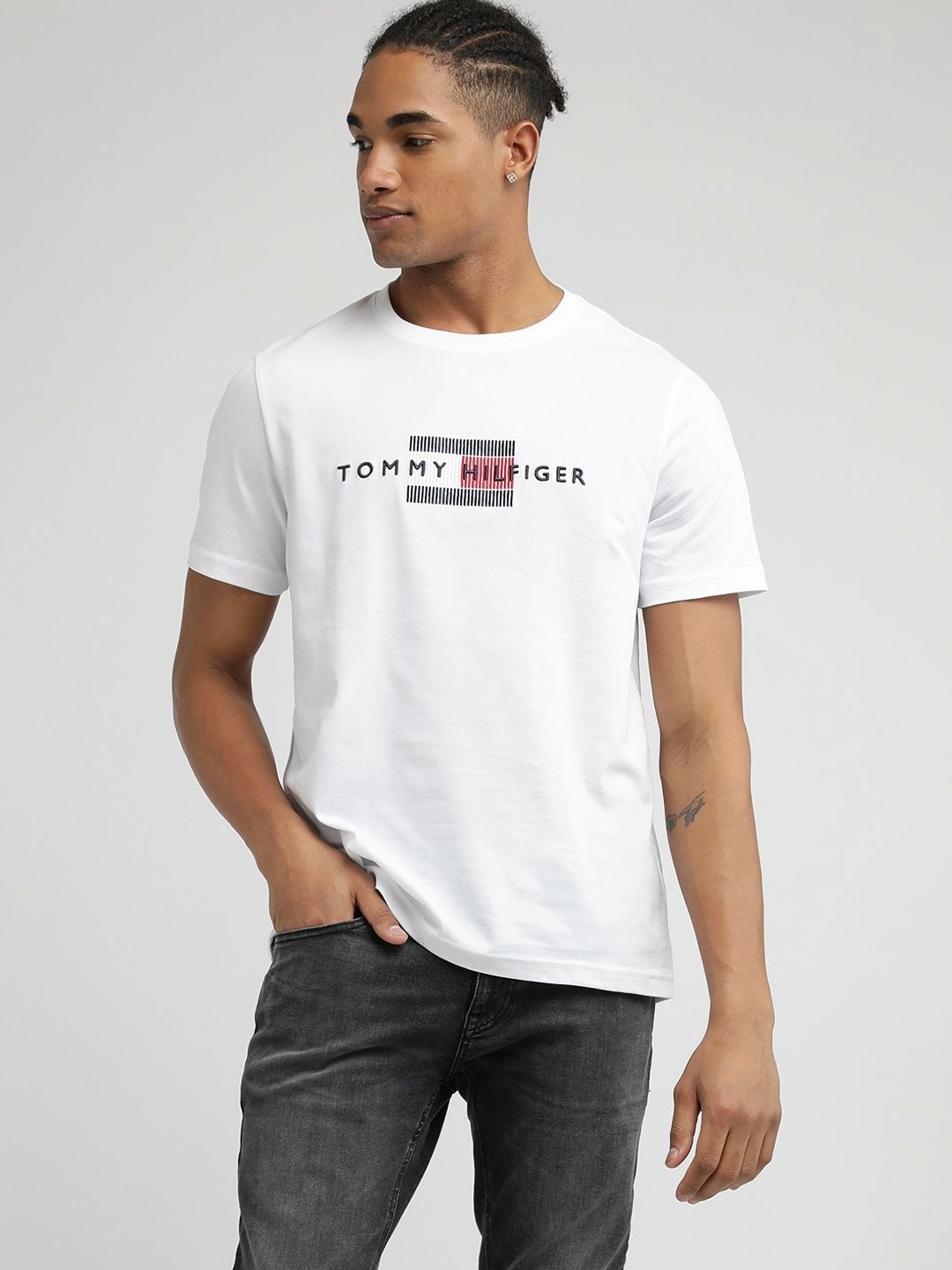 

Tommy Hilfiger Men Typography Printed Round Neck Cotton T-shirt, White