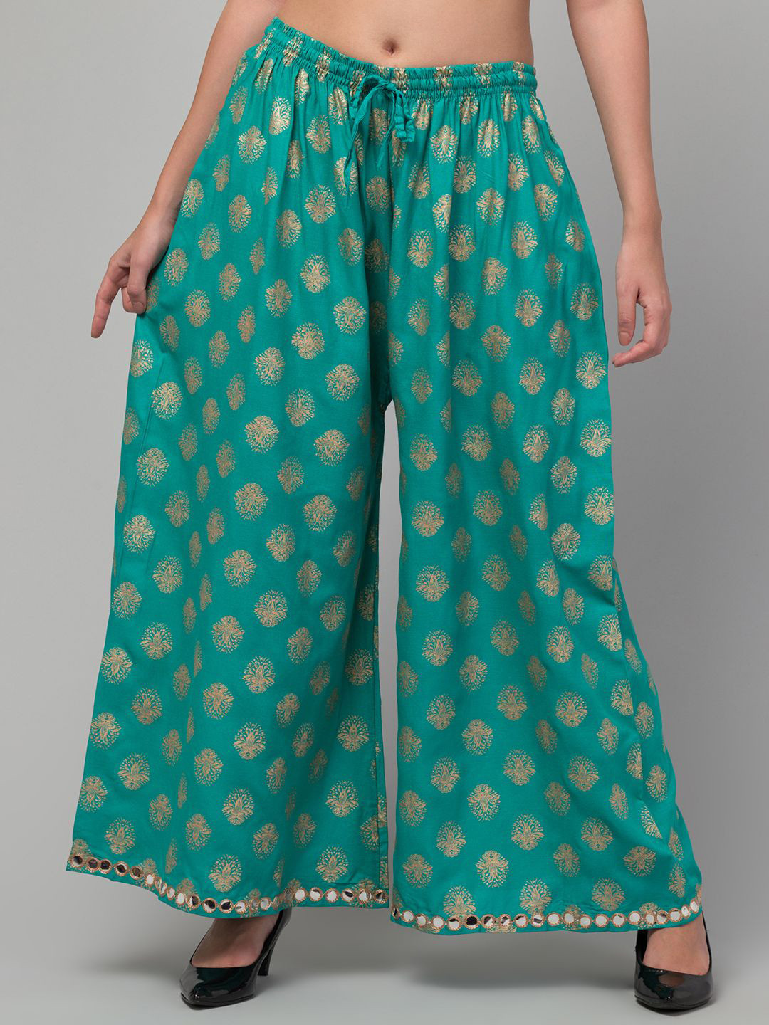 

FAMBEE Women Ethnic Motifs Printed Flared Knitted Palazzos, Teal