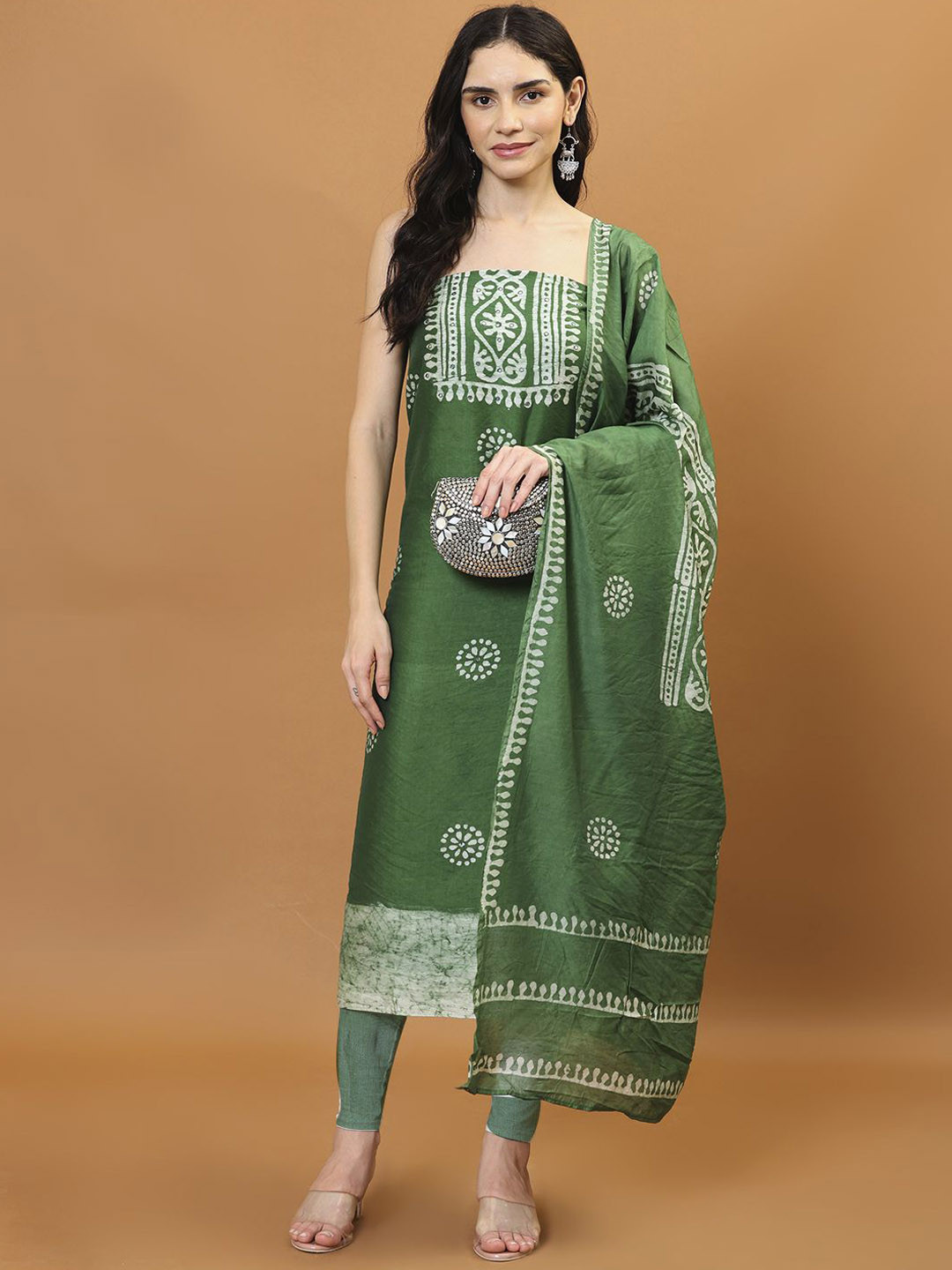 

Meena Bazaar Printed Art Silk Unstitched Dress Material, Green