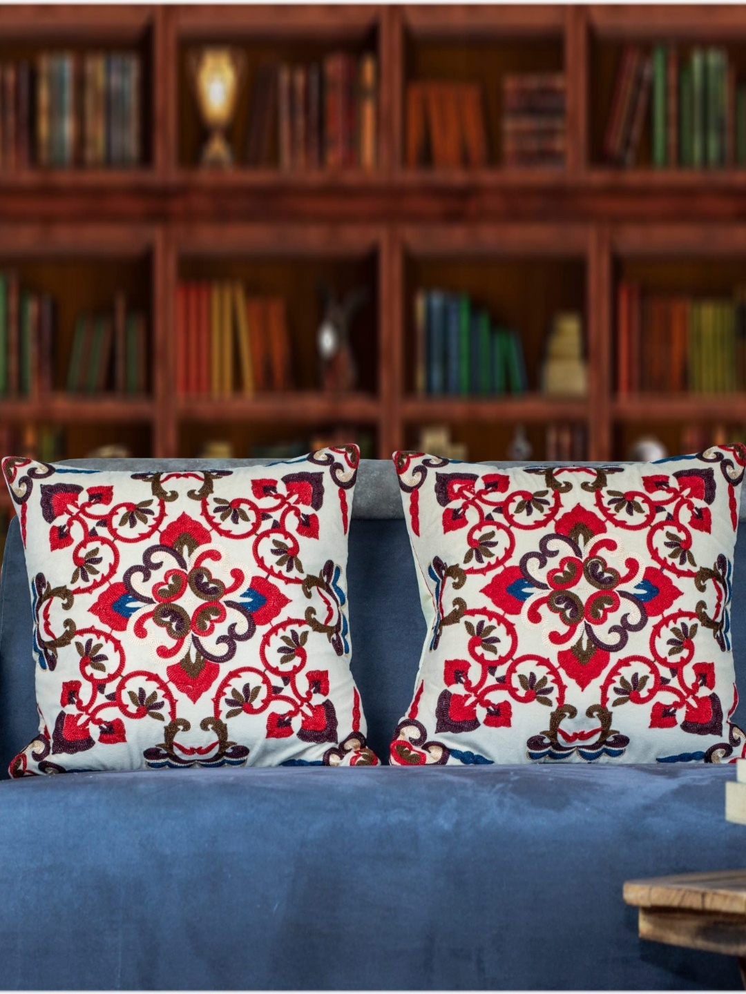 

Vendola White & Red 2 Pieces Ethnic Motifs Embroidered Square Cushion Covers