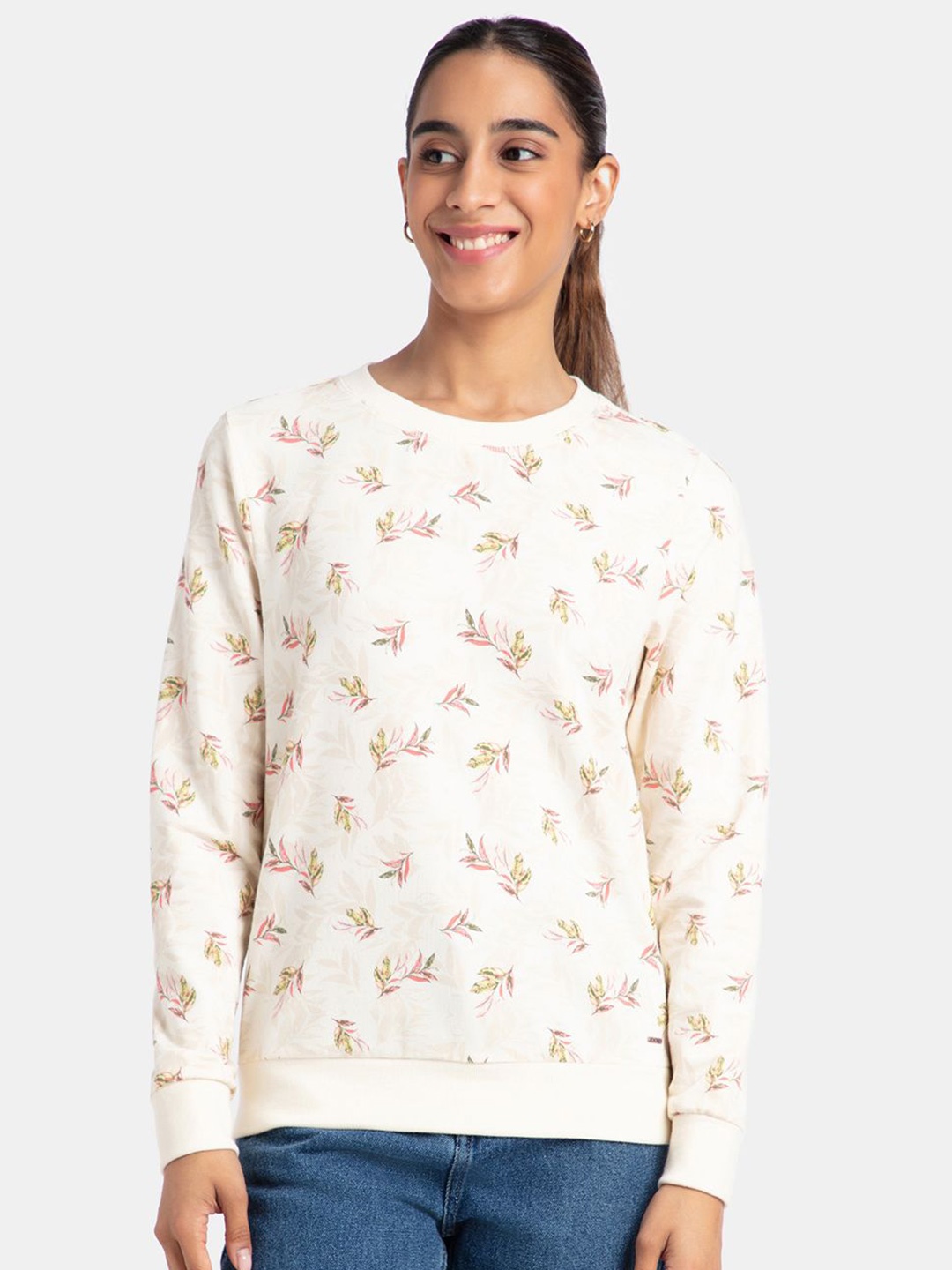 

Jockey Super Combed Cotton French Terry Fabric Printed Sweatshirt with Ribbed Cuffs-AW68, White