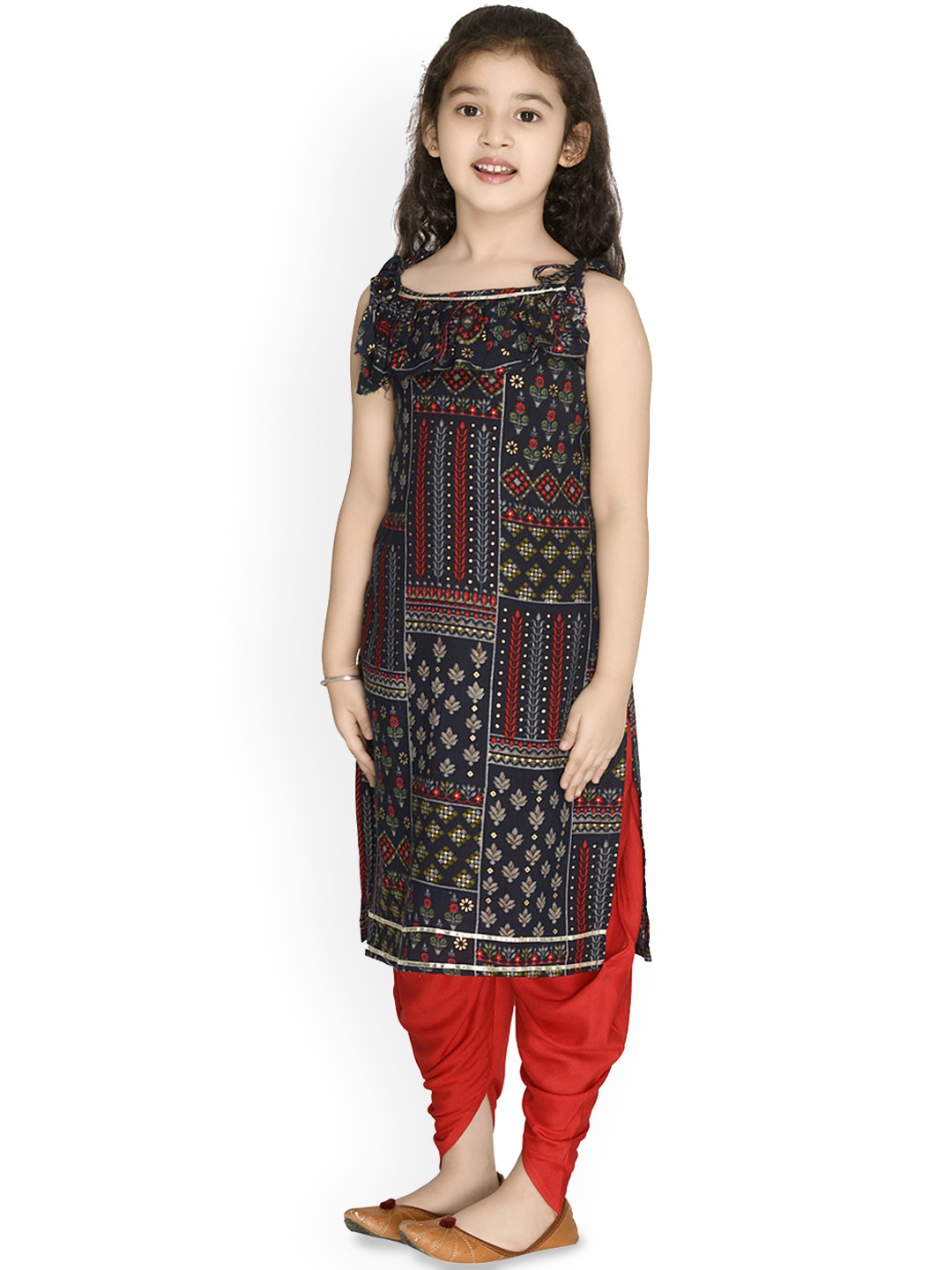 

Arshia Fashions Girls Floral Printed Regular Straight Kurta with Dhoti Pants, Blue