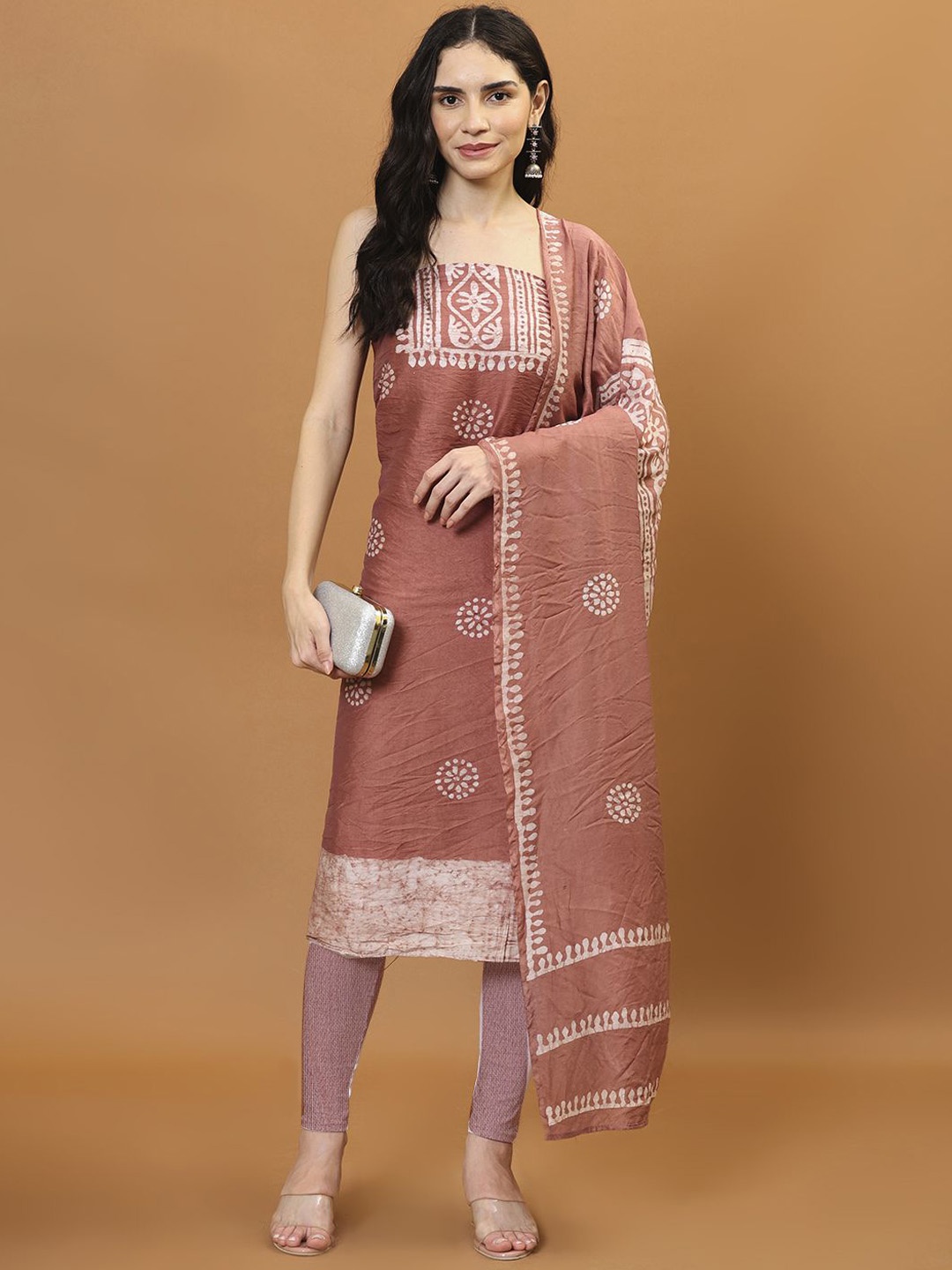 

Meena Bazaar Printed Art Silk Unstitched Dress Material, Rust