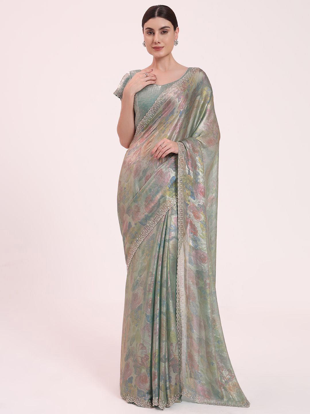 

FIORRA Beads and Stones Organza Saree, Sea green