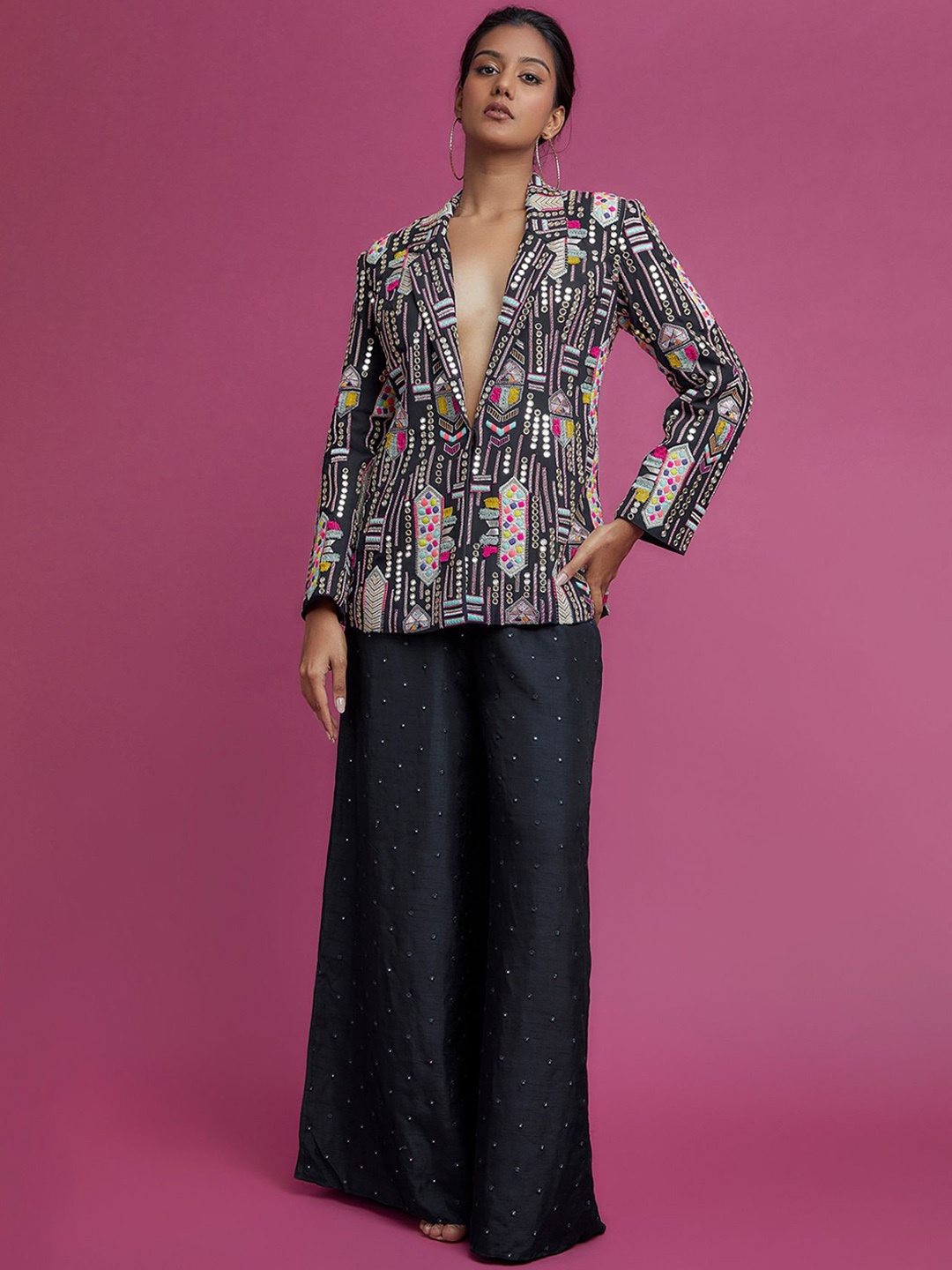 

Payal Singhal Embroidered Notched Lapel Collar Mirror Work Georgette Blazer, Black