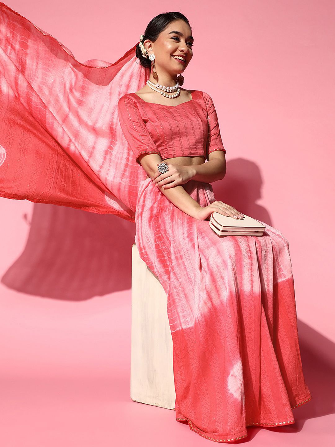 

KALINI Tie and Dye Gotta Patti Silk Blend Saree, Pink