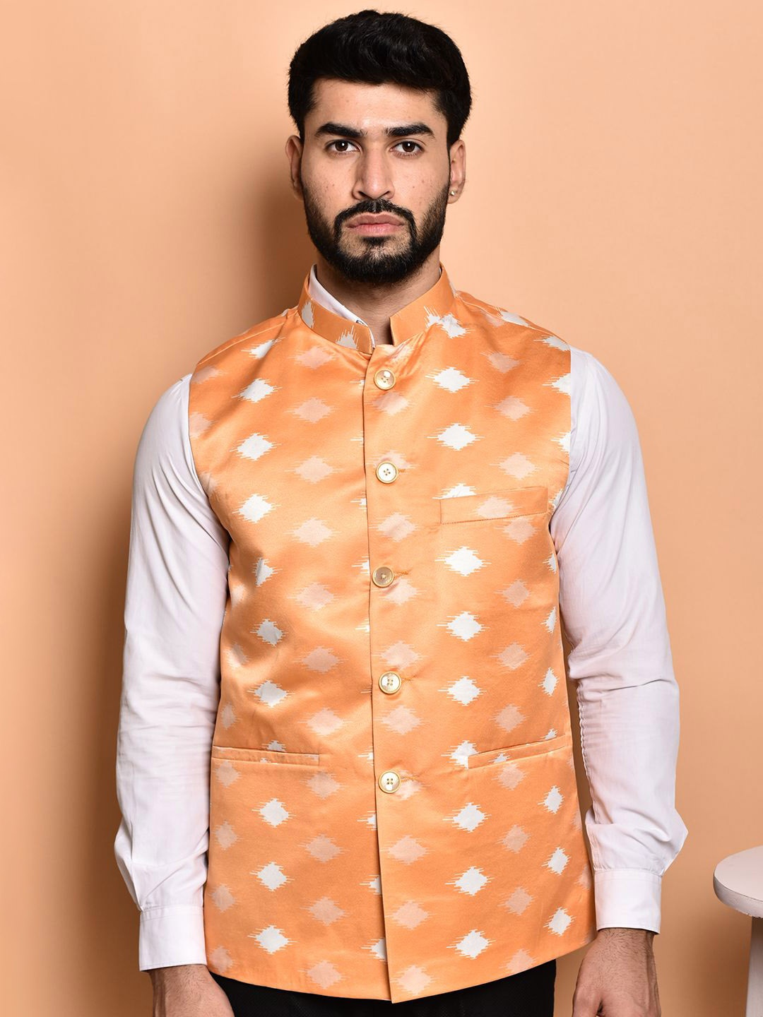 

PRINTCULTR Printed Woven Nehru Jacket, Orange