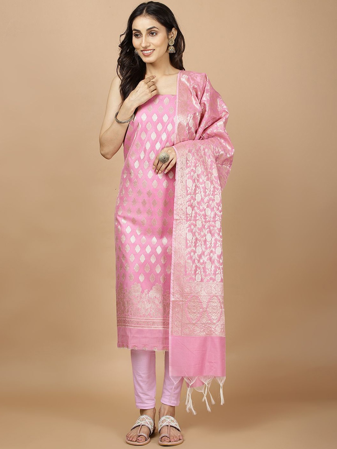 

Meena Bazaar Woven Design Unstitched Dress Material, Pink