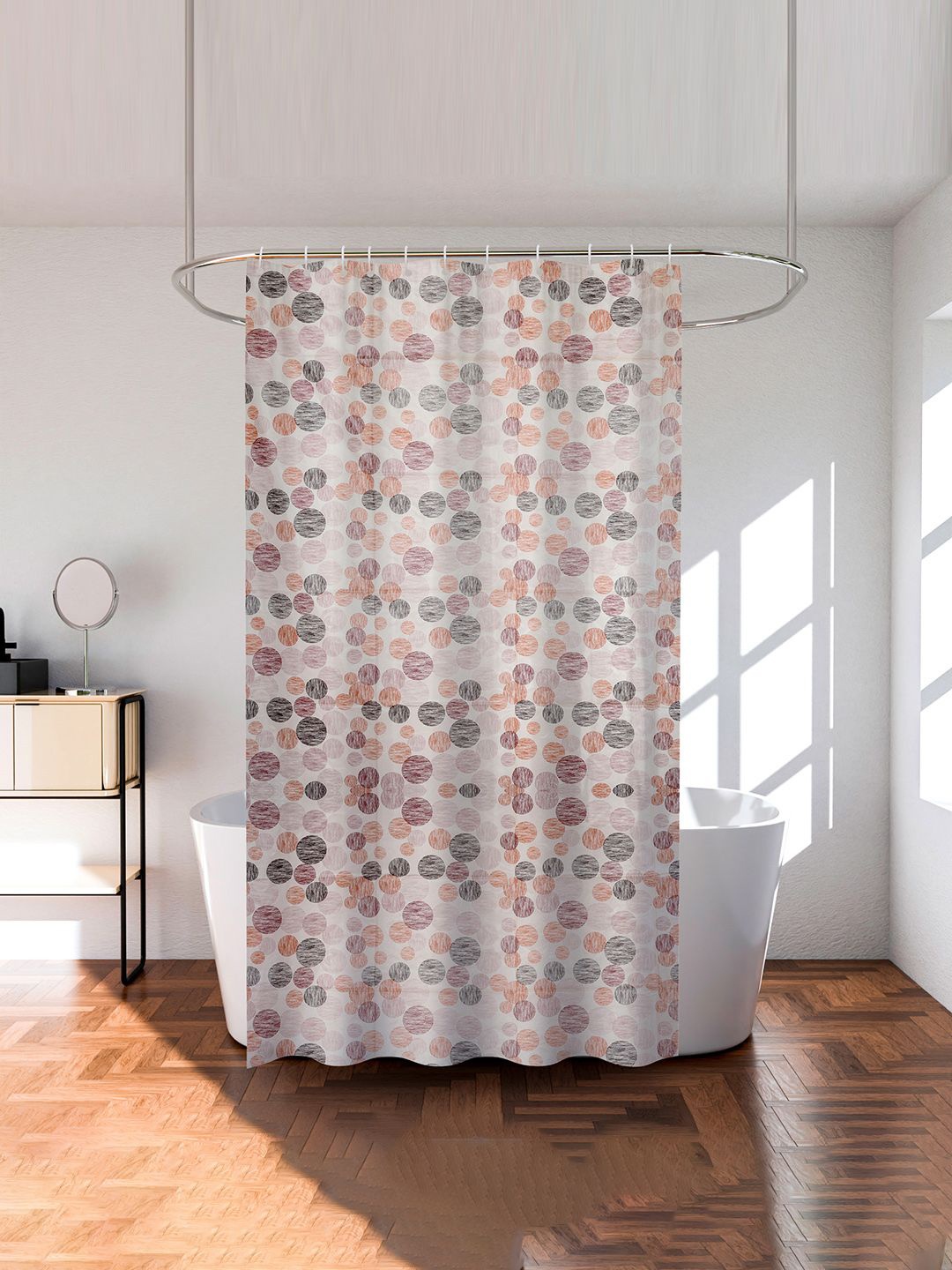 

Kuber Industries Beige & Orange Printed Shower Curtains With rings