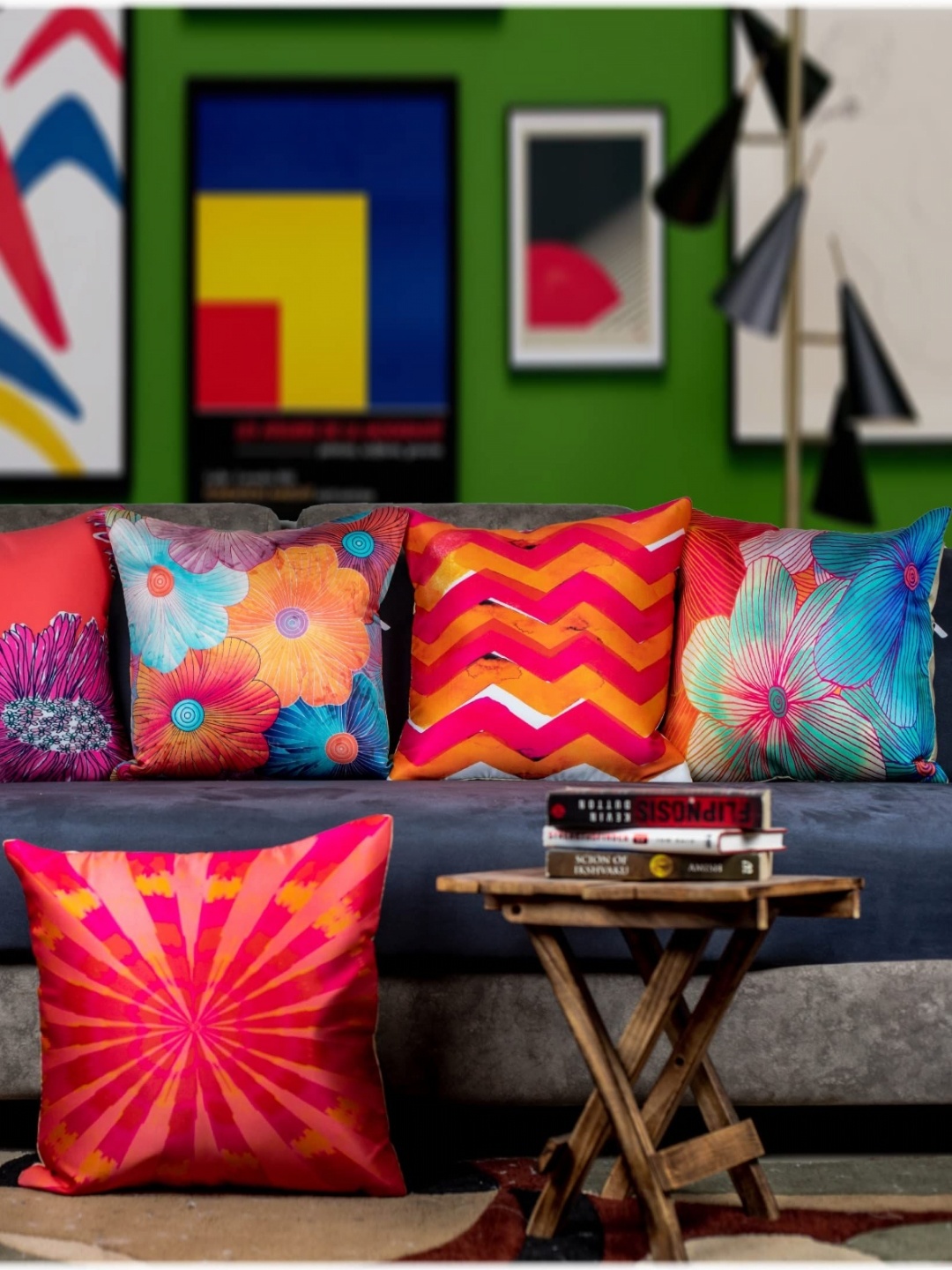 

Vendola Red & Purple 5 Pieces Geometric Printed Satin Square Cushion Covers