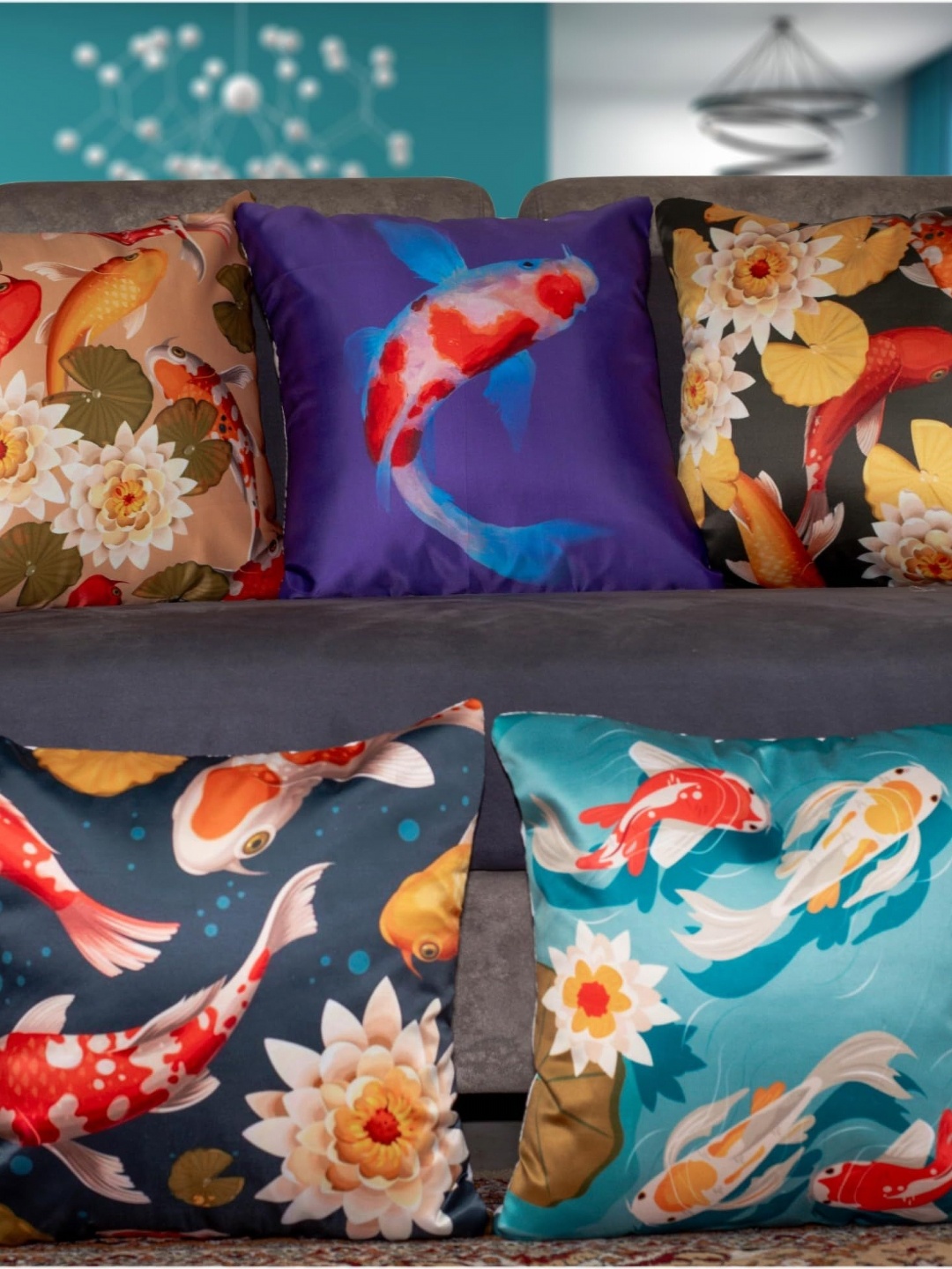 

Vendola Blue & Navy Blue 5 Pieces Ethnic Motifs Satin Square Cushion Covers