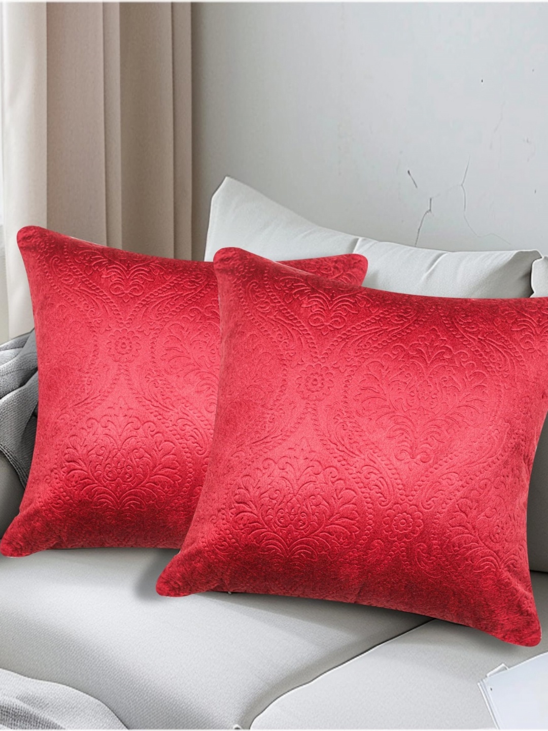 

Vendola Red 2 Pieces Floral Velvet Square Cushion Covers
