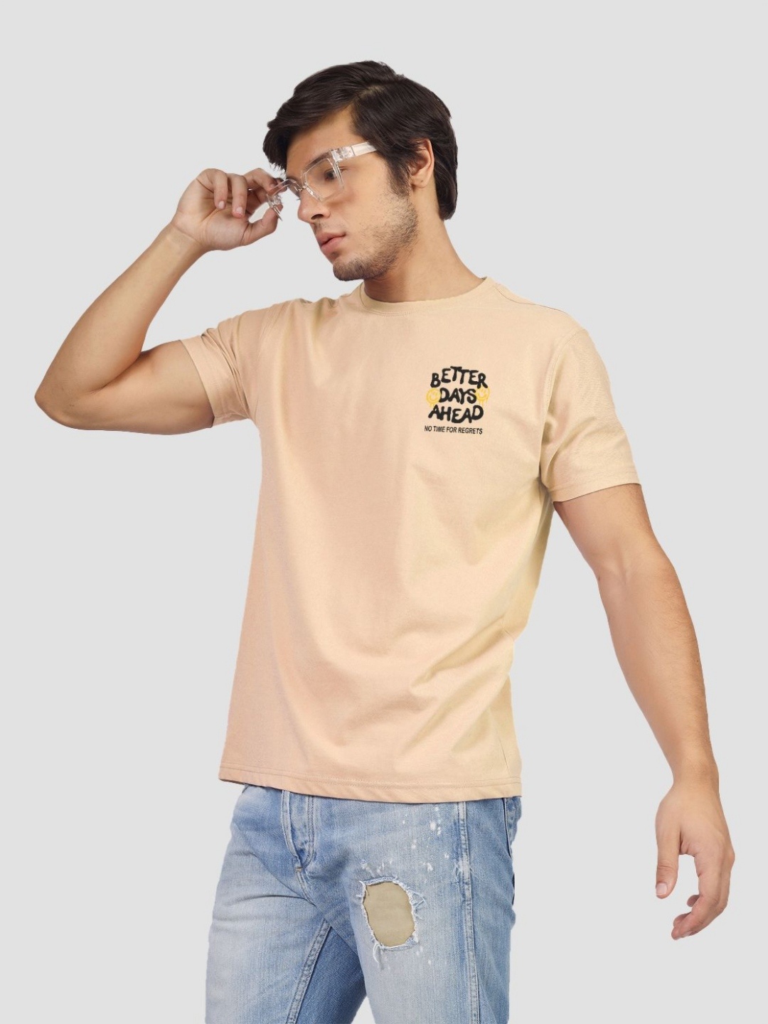 

Greylongg Men Solid Round Neck Cotton T-shirt, Beige