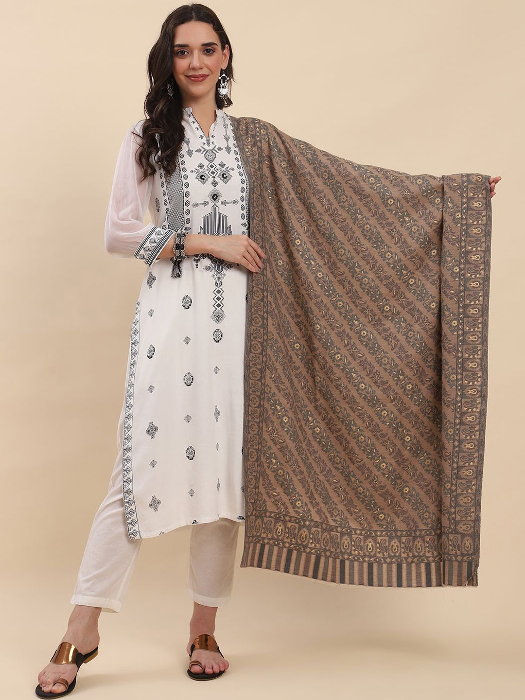 

La Vastraa Women Floral Woven Design Shawl, Beige