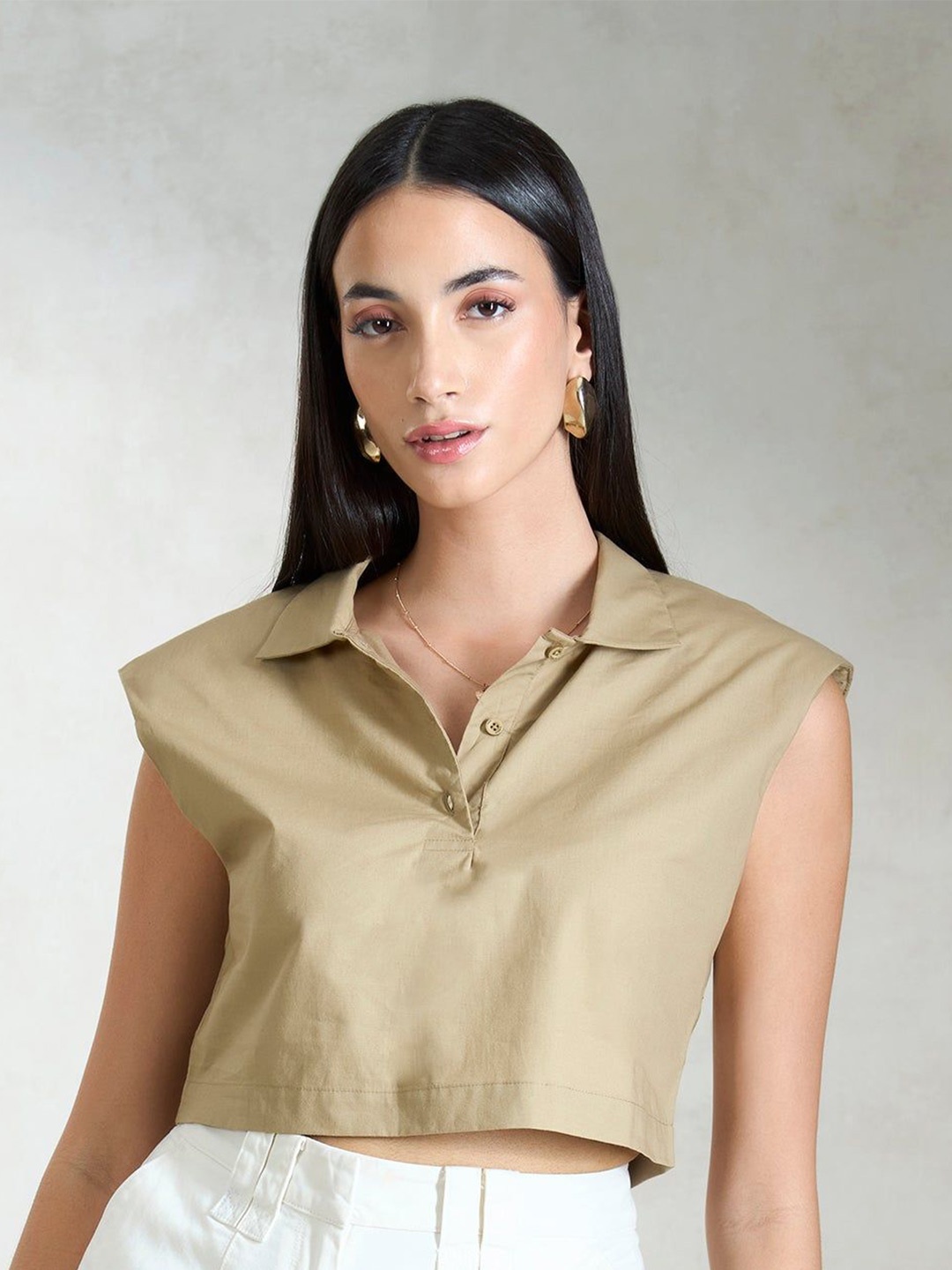 

Virgio Women Cotton Shirt Collar Crop Length Solid Shoulder Padded Top, Beige