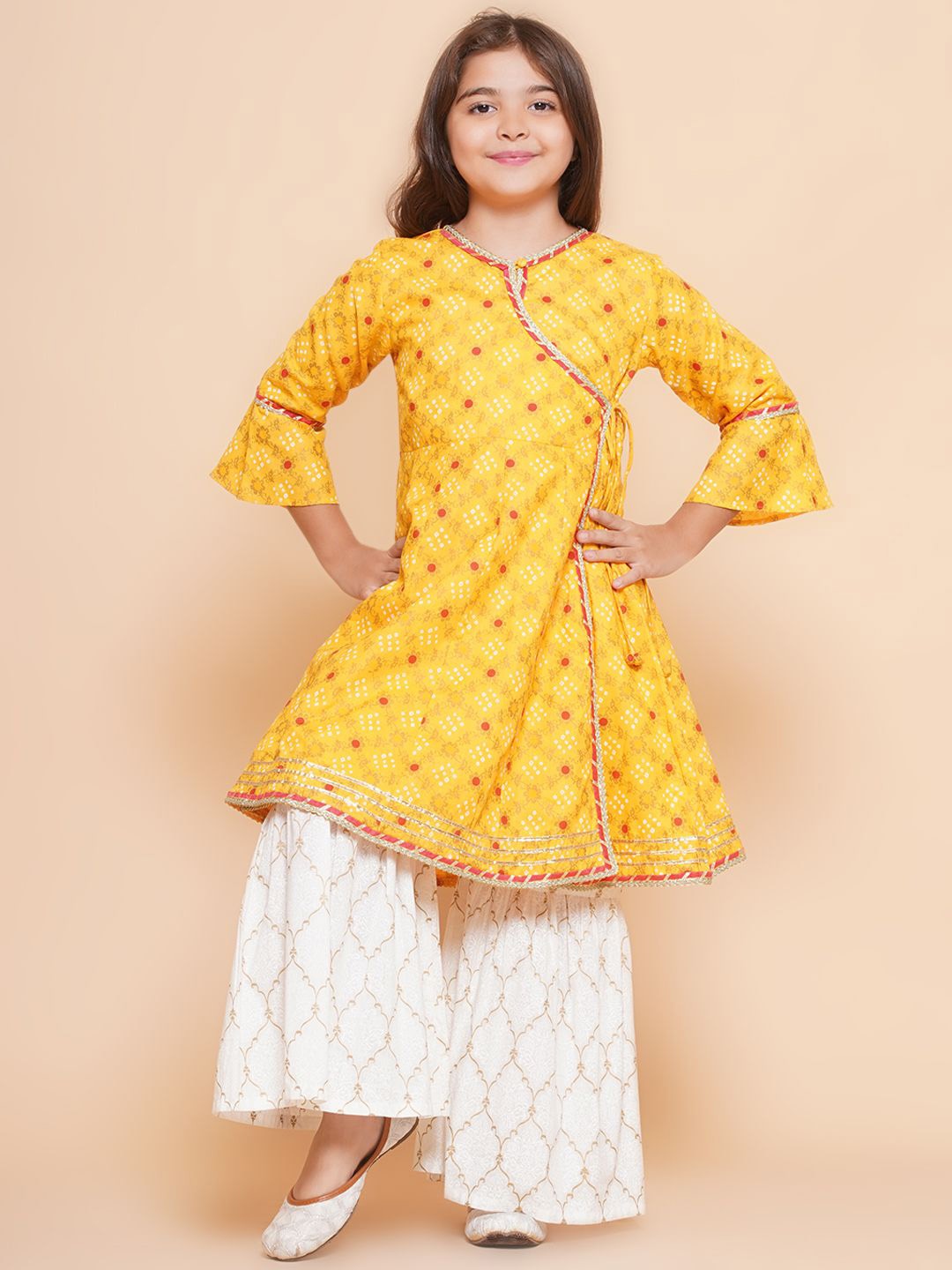 

Bitiya by Bhama Girls Ethnic Motifs Printed Angrakha Gotta Patti Pure Cotton Kurta with Sharara, Yellow