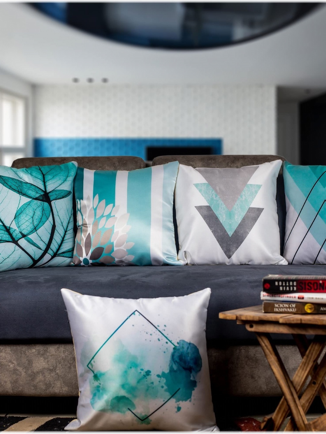 

Vendola Blue & White 5 Pieces Abstract Satin Square Cushion Covers, Green